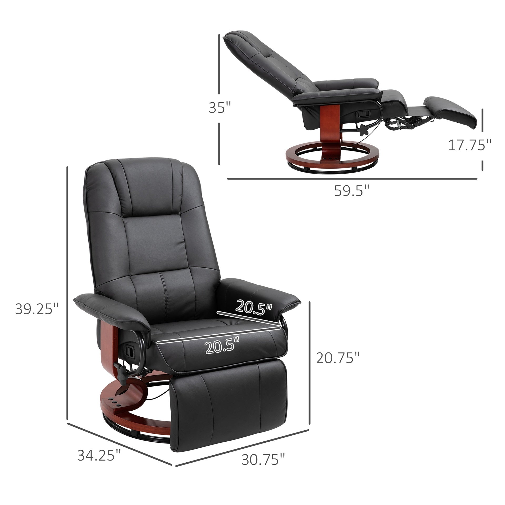 HOMCOM Faux  Leather lounge chair with footrest and armrest, Manual Swivel Recliner for living room, Black