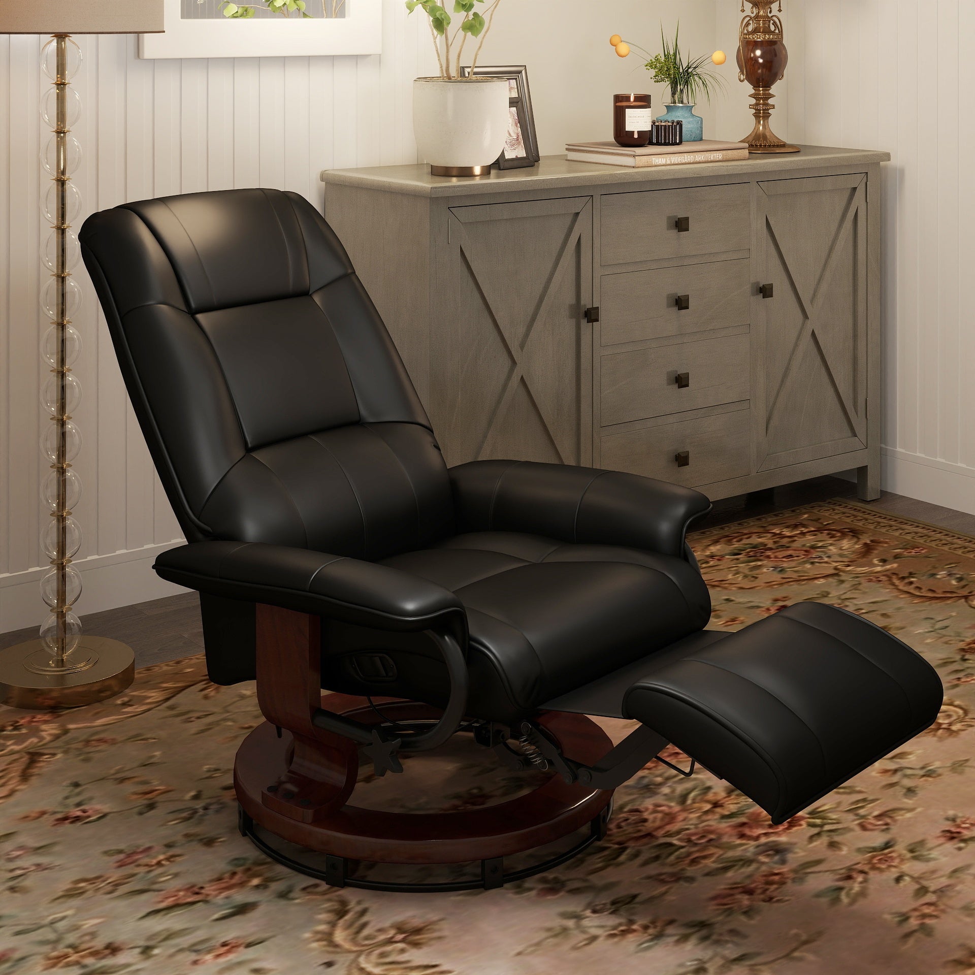 HOMCOM Faux  Leather lounge chair with footrest and armrest, Manual Swivel Recliner for living room, Black