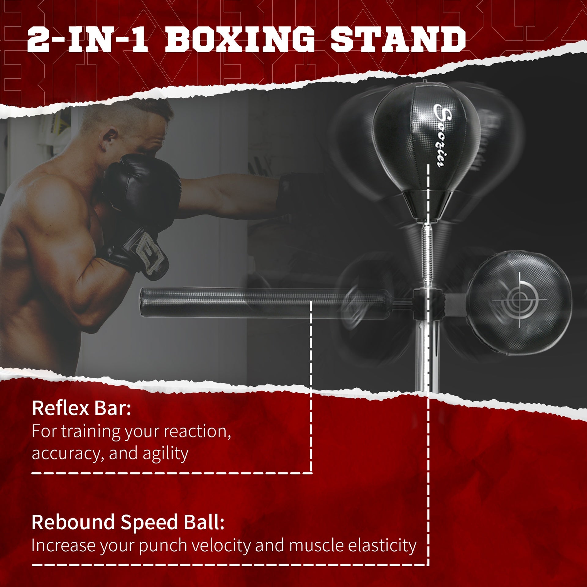Soozier Free Standing Boxing Bag with Stand, Punching Speed Bag Reaction Bar Challenge with Suction Cups, 64-81in Adjustable Height for Teenagers and Adults, Black