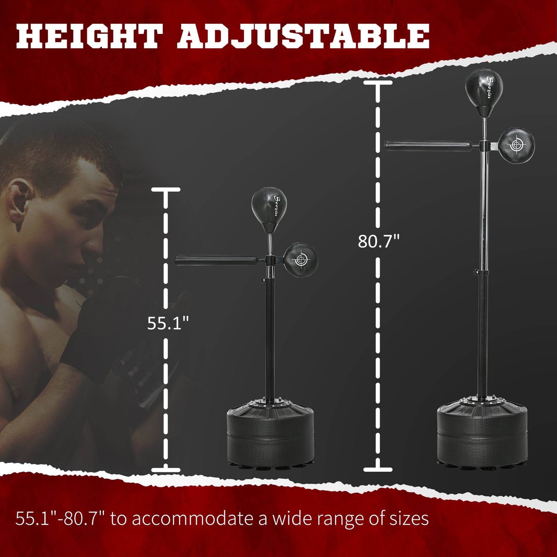 Soozier Free Standing Boxing Bag with Stand, Punching Speed Bag Reaction Bar Challenge with Suction Cups, 64-81in Adjustable Height for Teenagers and Adults, Black