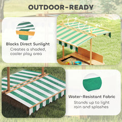 Outsunny Wooden Kids Sandbox with Cover, Children Outdoor Sand Box with Foldable Bench Seats and Adjustable Canopy