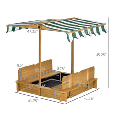 Outsunny Wooden Kids Sandbox with Cover, Children Outdoor Sand Box with Foldable Bench Seats and Adjustable Canopy