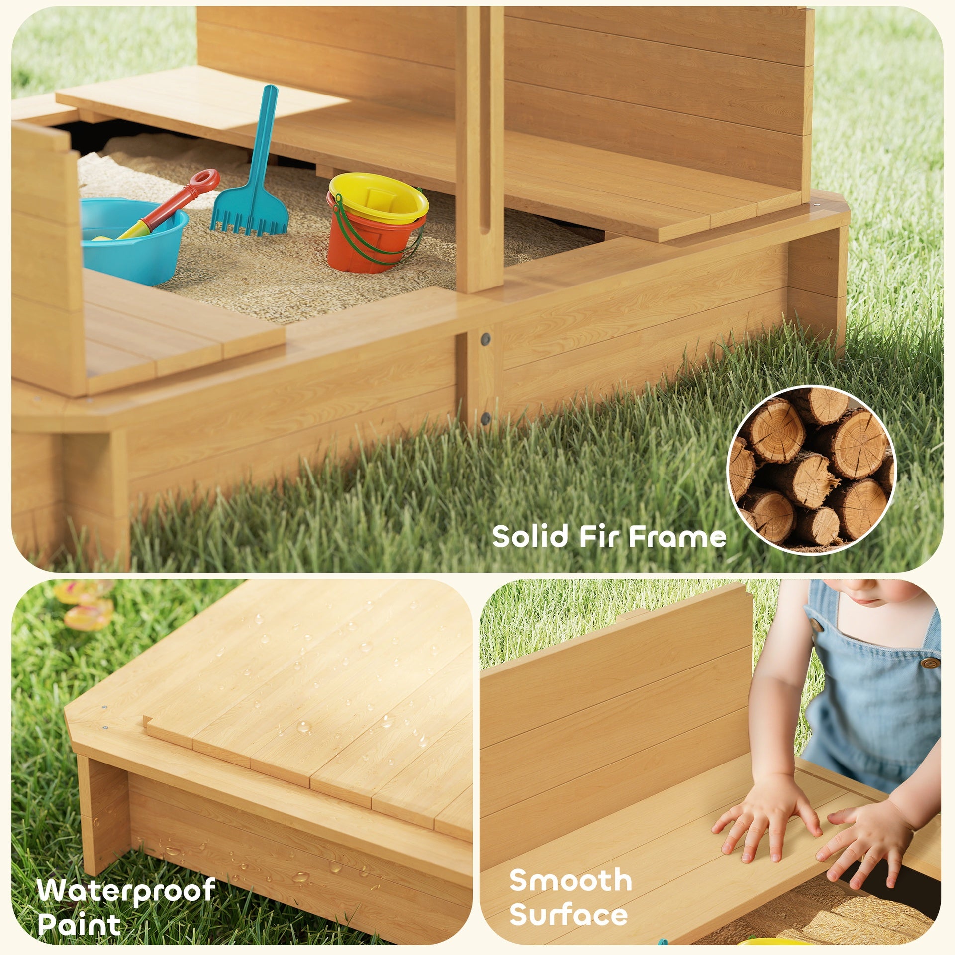 Outsunny Wooden Kids Sandbox with Cover, Children Outdoor Sand Box with Foldable Bench Seats and Adjustable Canopy