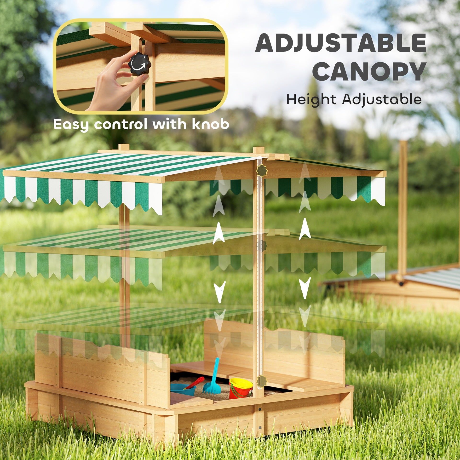 Outsunny Wooden Kids Sandbox with Cover, Children Outdoor Sand Box with Foldable Bench Seats and Adjustable Canopy