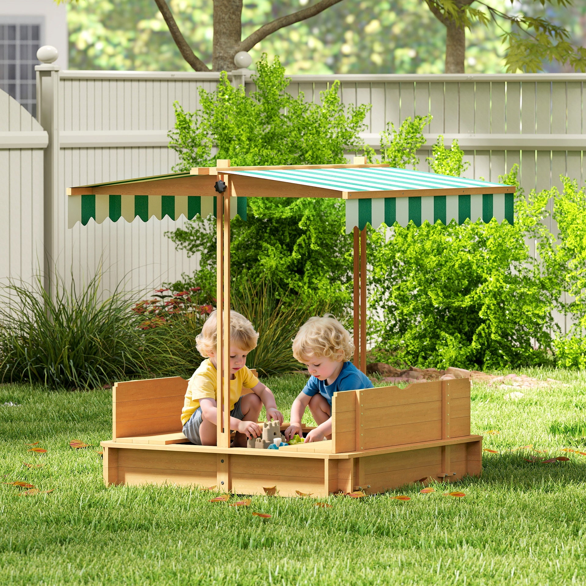 Outsunny Wooden Kids Sandbox with Cover, Children Outdoor Sand Box with Foldable Bench Seats and Adjustable Canopy