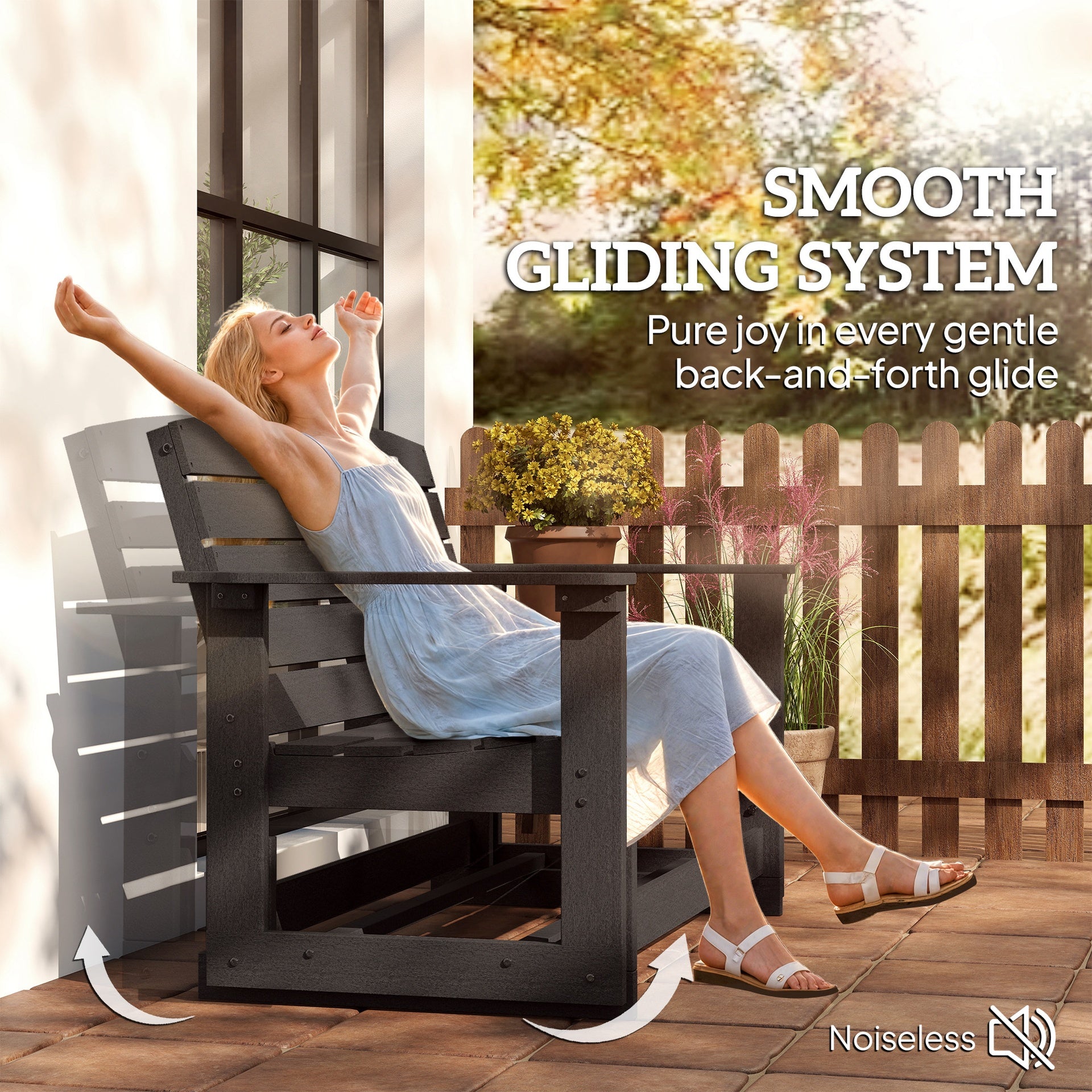 Outsunny Patio Glider Bench w/ HDPE Slatted Double Rocking Chair, Black