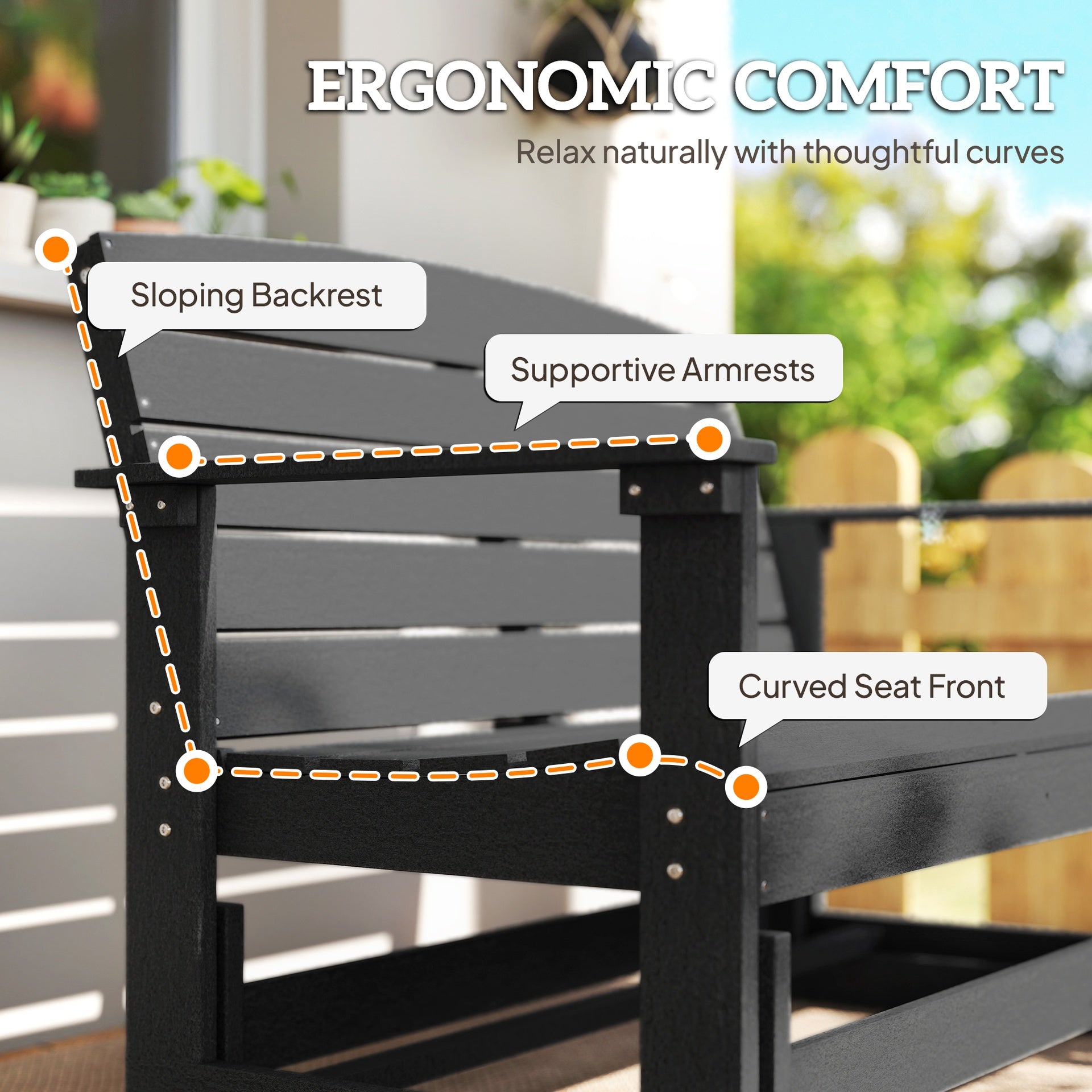 Outsunny Patio Glider Bench w/ HDPE Slatted Double Rocking Chair, Black