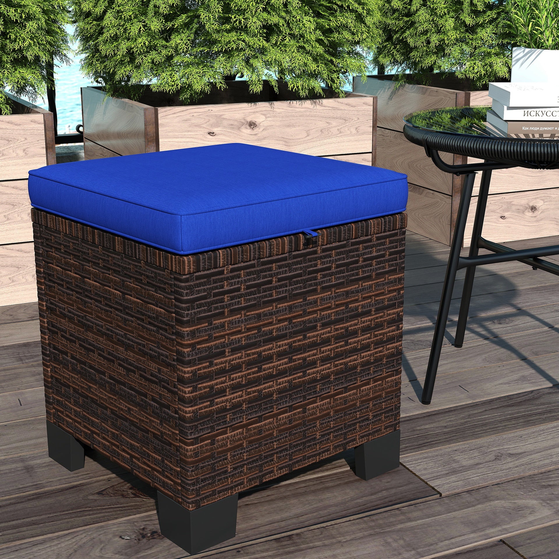 Outsunny 2 Piece Wicker Outdoor Ottomans with Cushions, Rattan Ottoman Footrest and Side Table for Patio, Yard, Poolside, Dark Blue