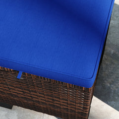 Outsunny 2 Piece Wicker Outdoor Ottomans with Cushions, Rattan Ottoman Footrest and Side Table for Patio, Yard, Poolside, Dark Blue