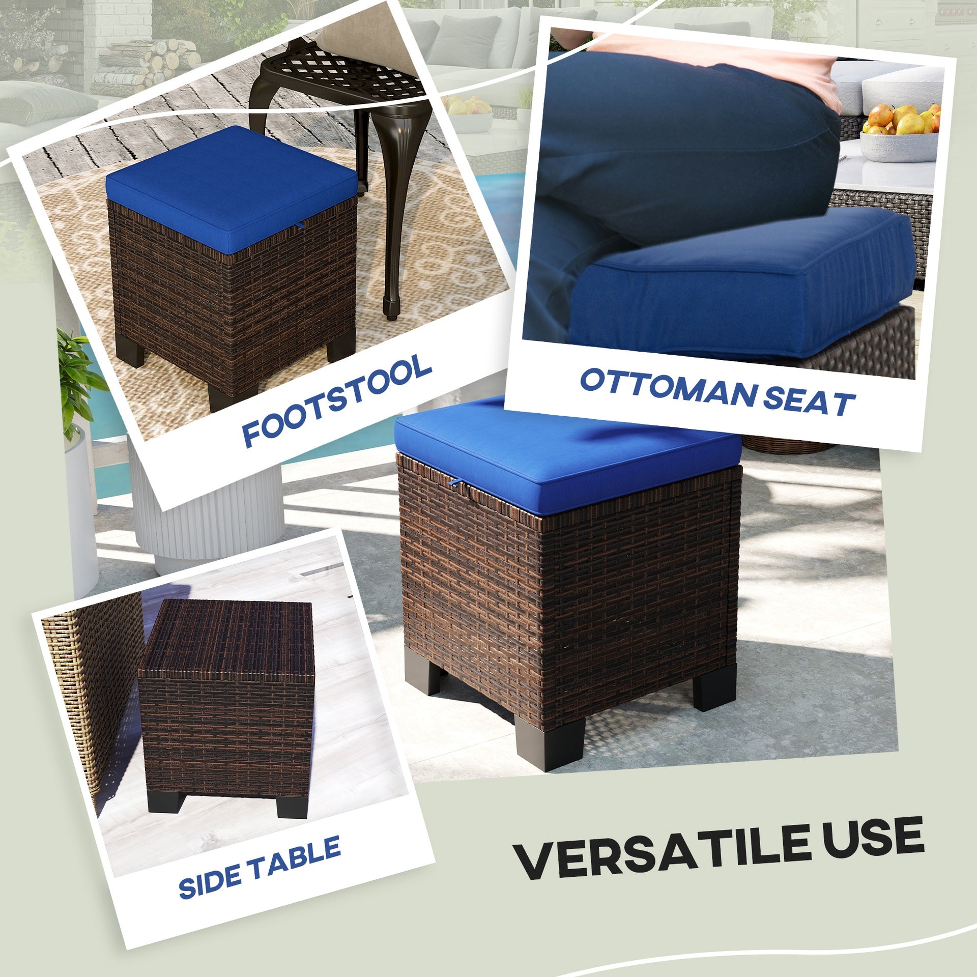 Outsunny 2 Piece Wicker Outdoor Ottomans with Cushions, Rattan Ottoman Footrest and Side Table for Patio, Yard, Poolside, Dark Blue