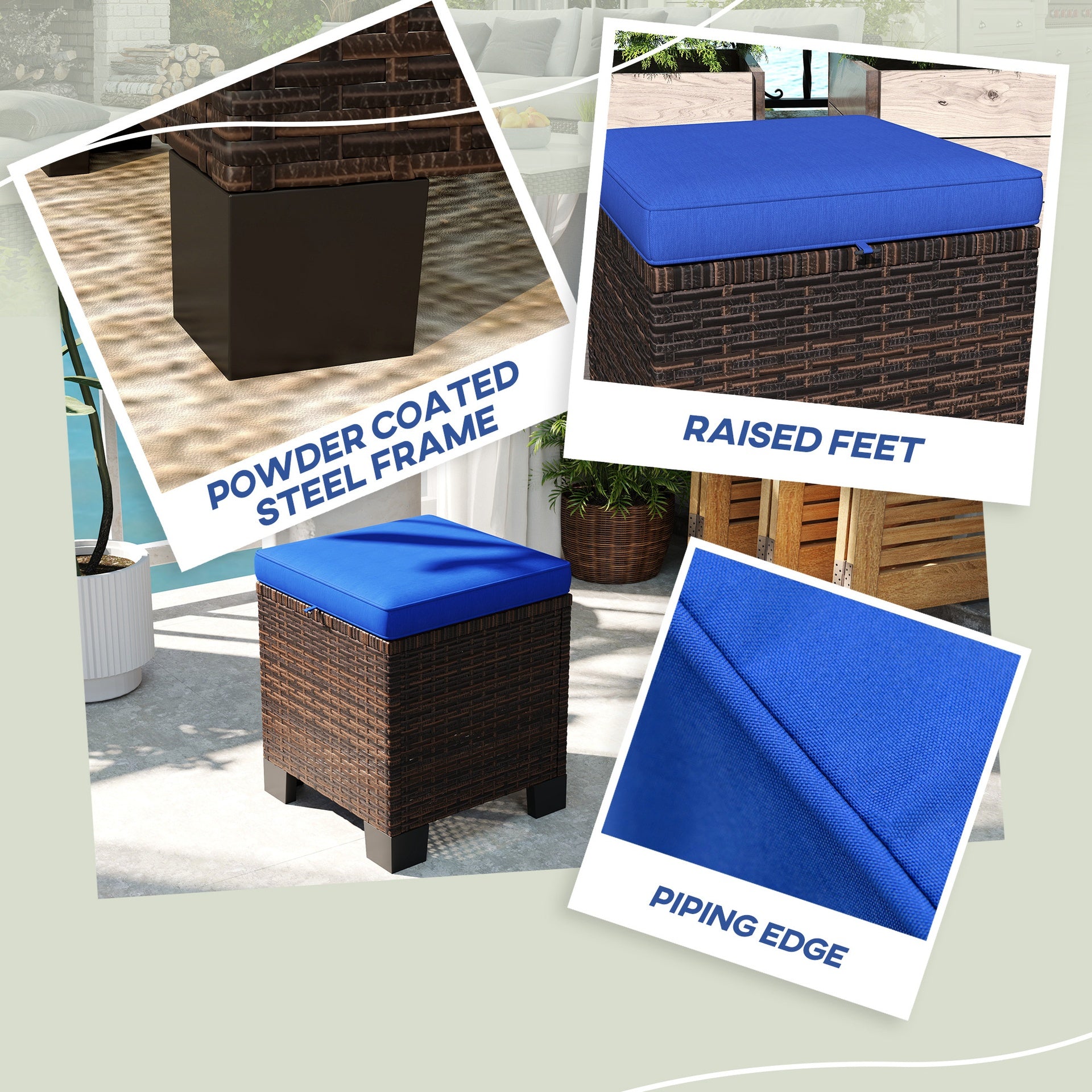 Outsunny 2 Piece Wicker Outdoor Ottomans with Cushions, Rattan Ottoman Footrest and Side Table for Patio, Yard, Poolside, Dark Blue