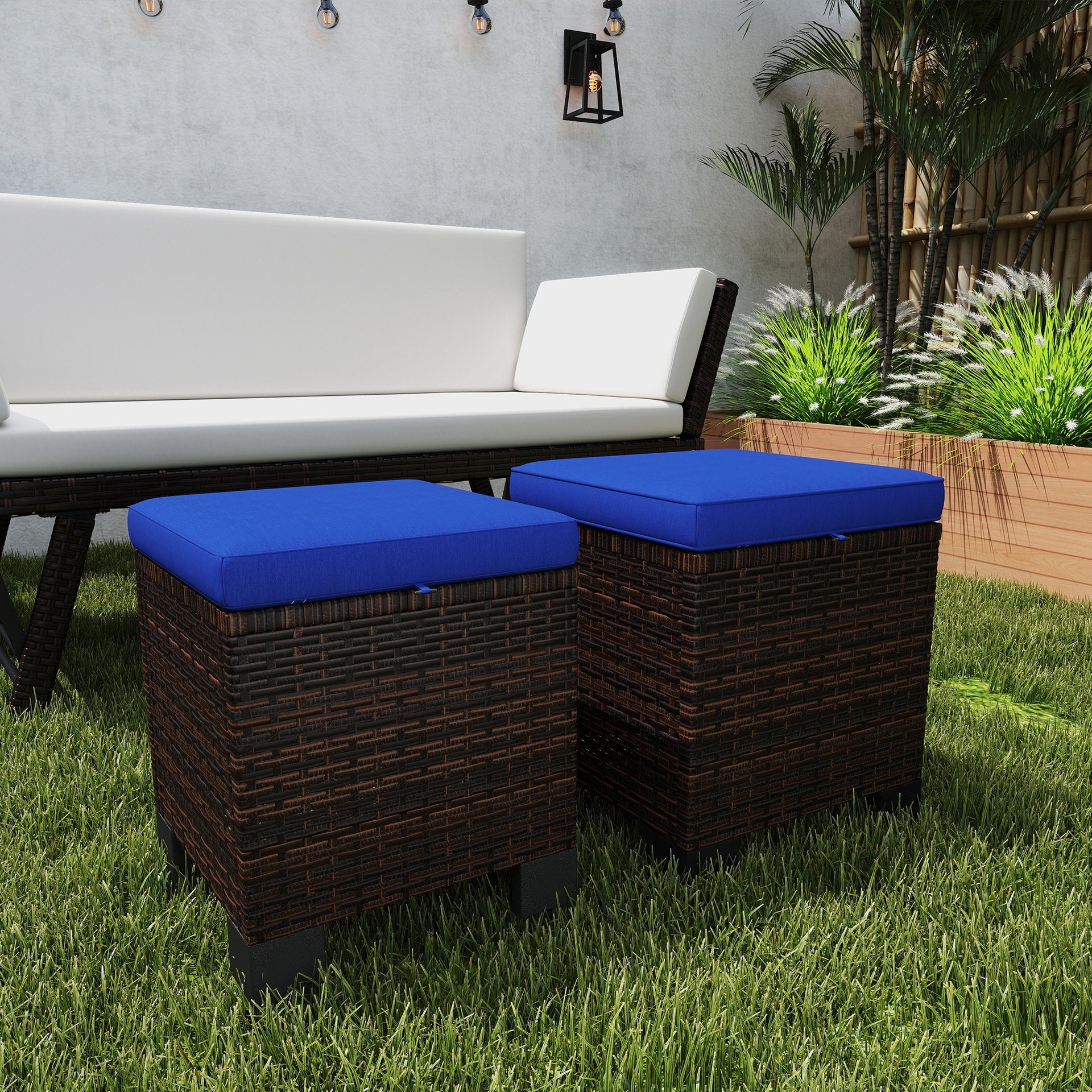 Outsunny 2 Piece Wicker Outdoor Ottomans with Cushions, Rattan Ottoman Footrest and Side Table for Patio, Yard, Poolside, Dark Blue