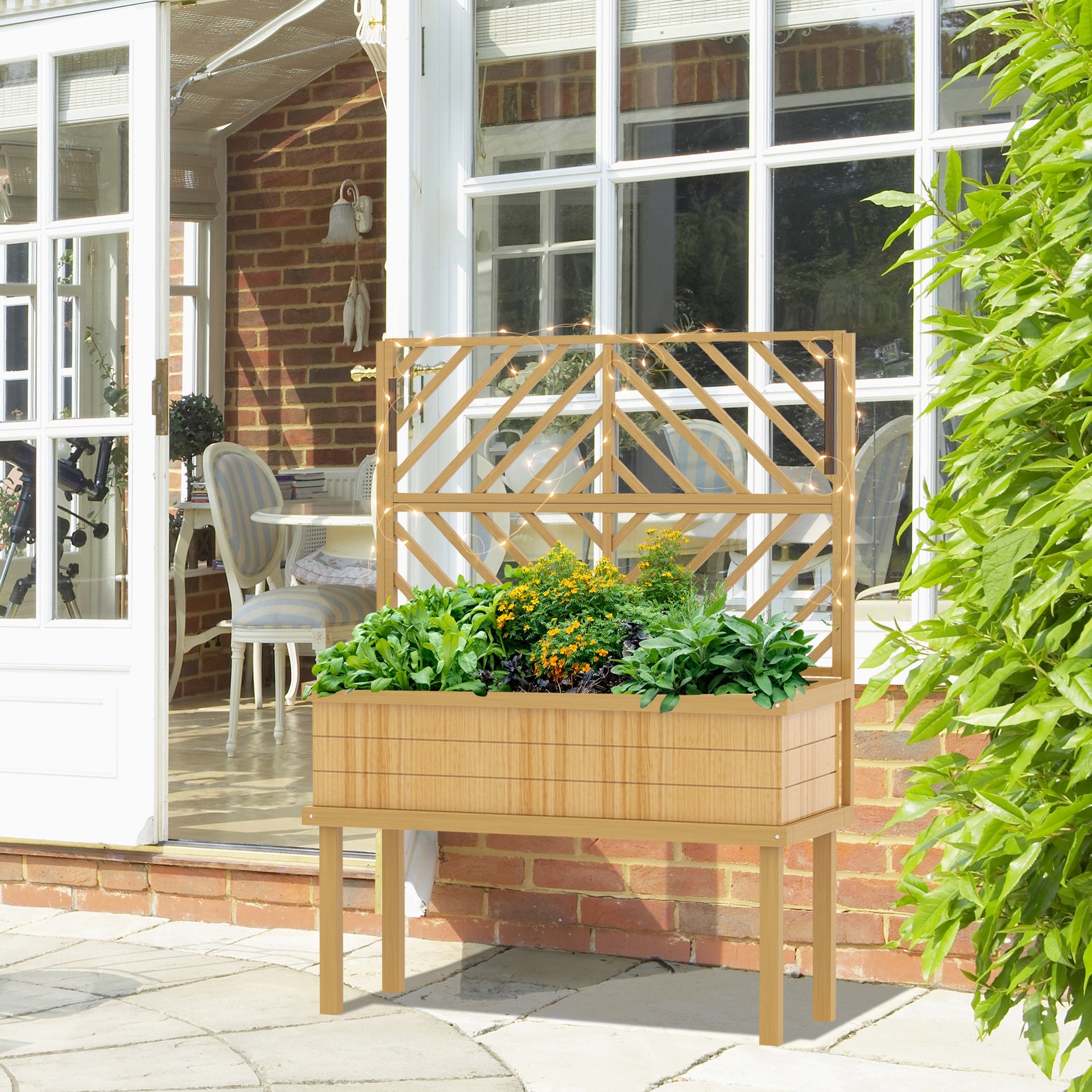 Outsunny Elevated Wood Planter with Trellis for Climbing Plants, Raised Garden Bed with Legs and Drainage Holes, Natural Wood