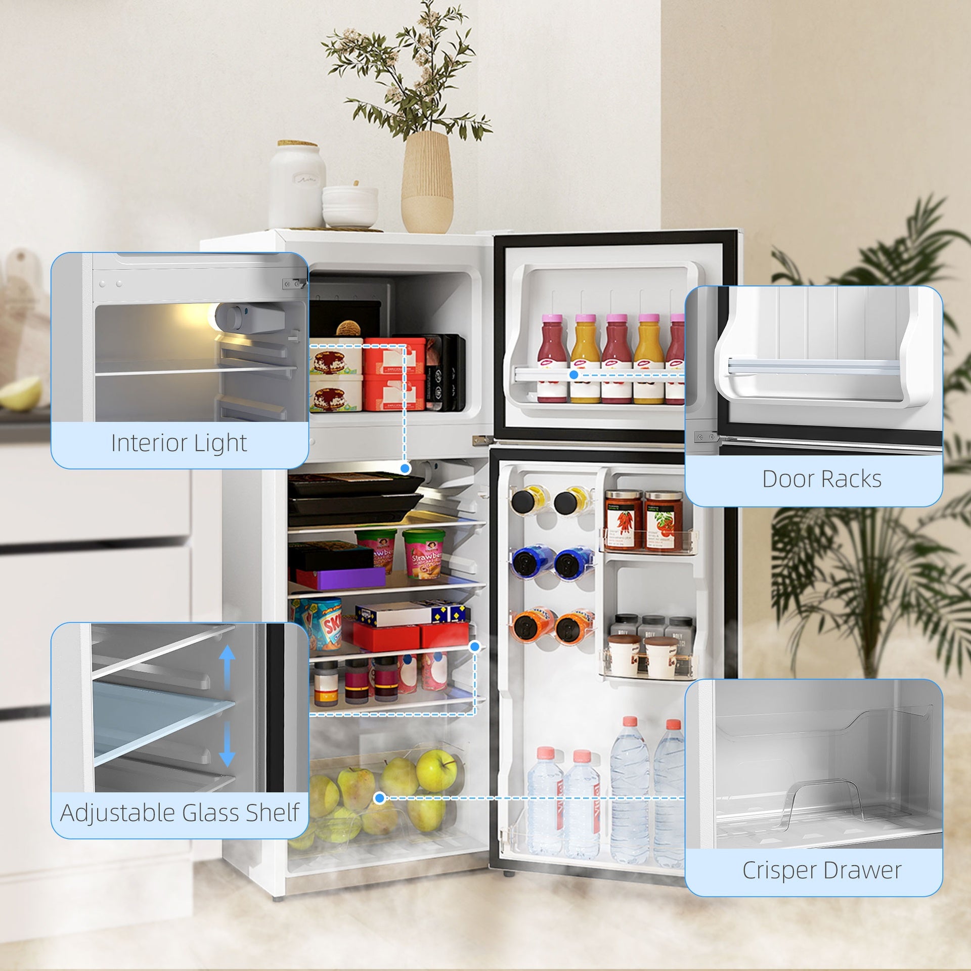 HOMCOM Small Fridge with Freezer, 4 Cu Ft Refrigerator with Reversible Doors, White