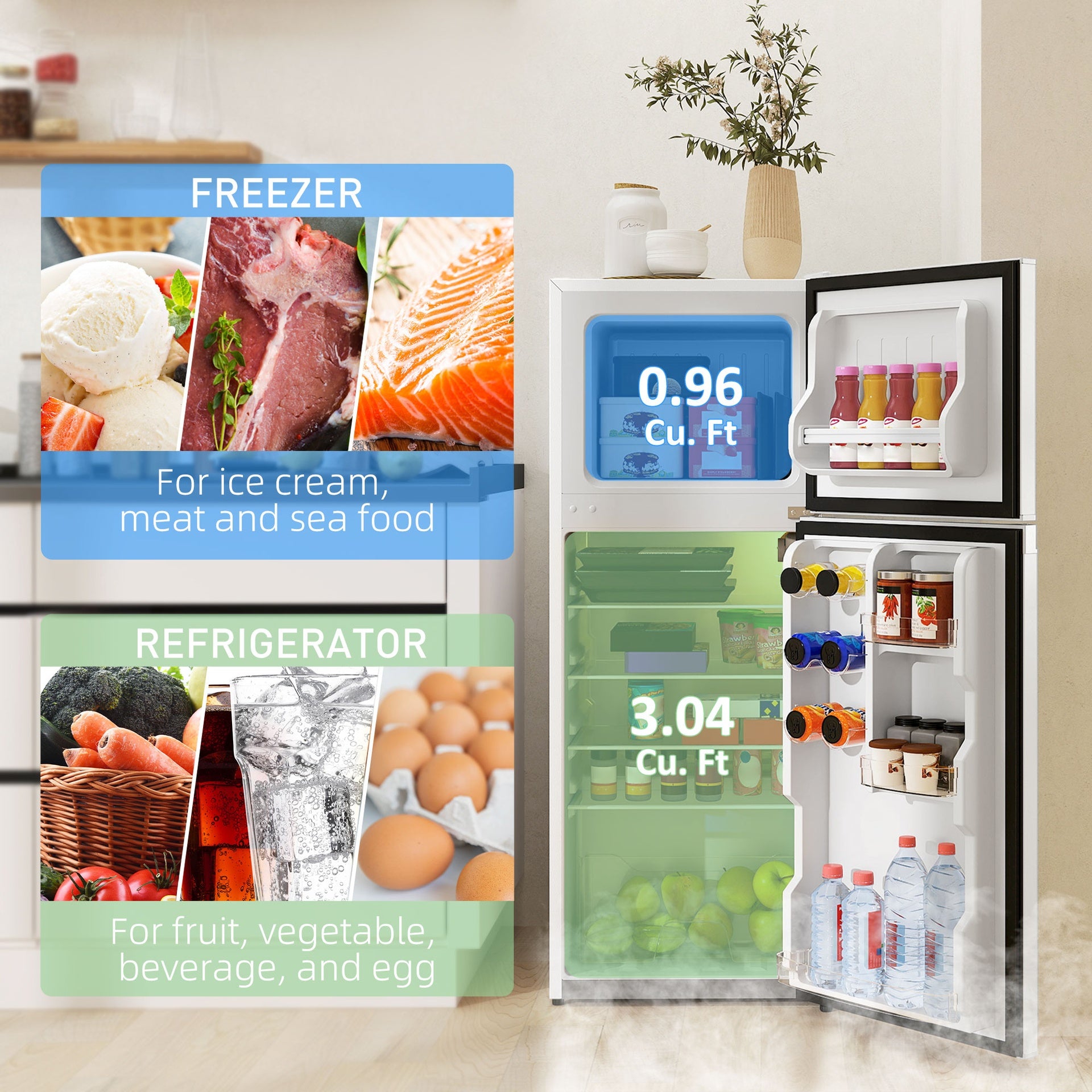 HOMCOM Small Fridge with Freezer, 4 Cu Ft Refrigerator with Reversible Doors, White