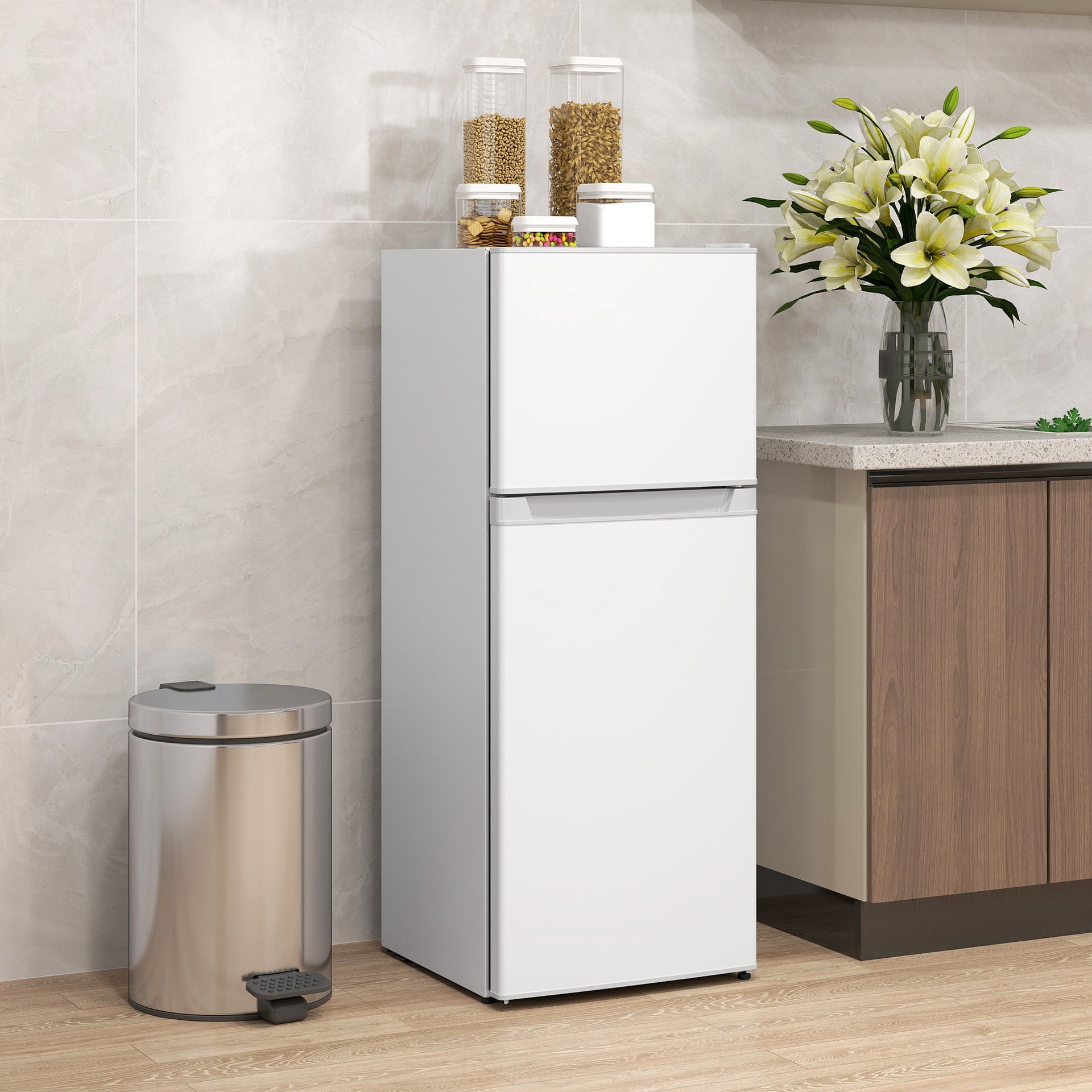 HOMCOM Small Fridge with Freezer, 4 Cu Ft Refrigerator with Reversible Doors, White