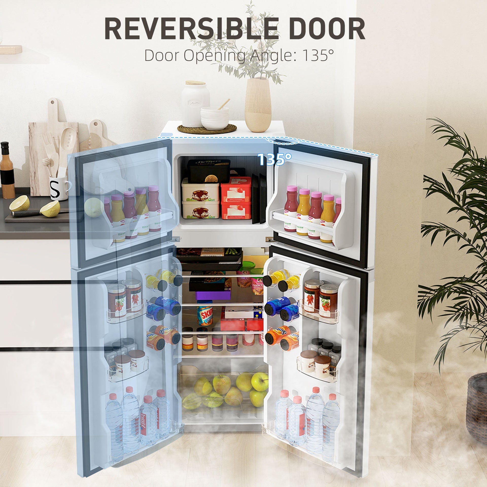 HOMCOM Small Fridge with Freezer, 4 Cu Ft Refrigerator with Reversible Doors, White