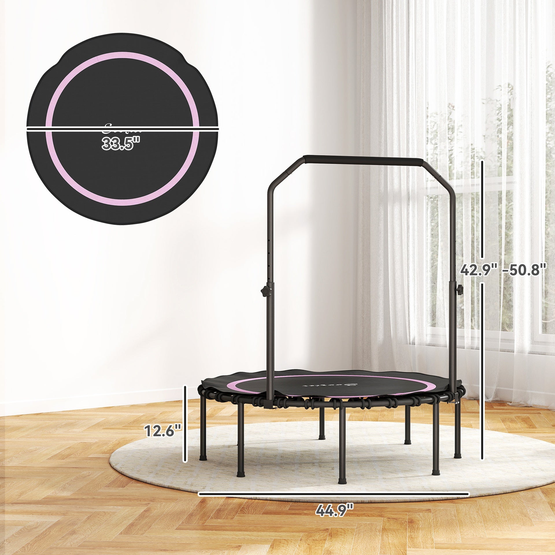 Soozier 45" Rebounder Trampoline for Adults, Foldable Mini Trampoline with Adjustable Handle Bar for Indoor Outdoor, Pink