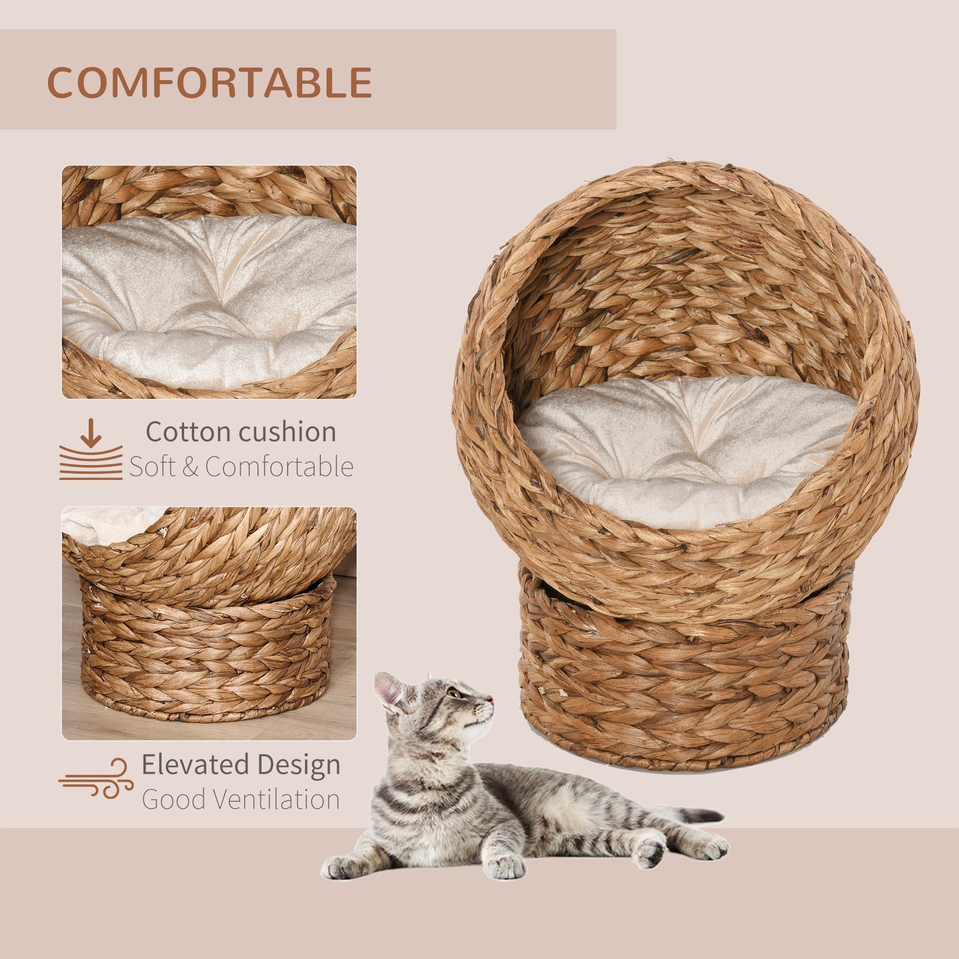 PawHut Handwoven Elevated Cat Bed with Soft Cushion & Egg Chair Shape, Basket Bed Kitty House with Stand, Raised Wicker House for Indoor Cats, 23.5" H, Light Brown