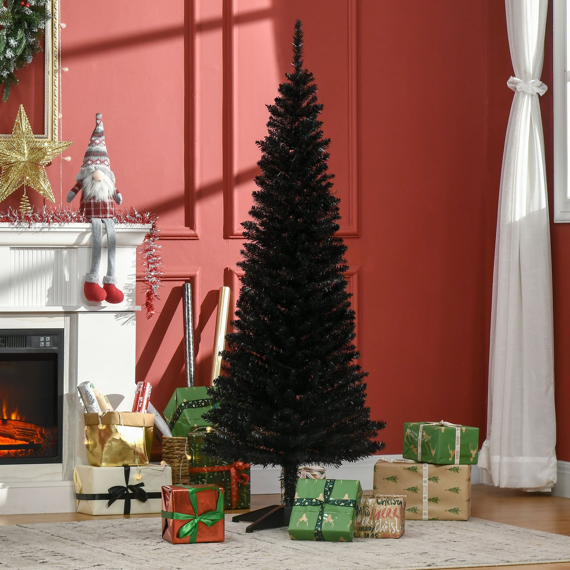 HOMCOM 5' Artificial Pencil Christmas Tree, Slim Xmas Tree with 294 Realistic Branch Tips and Plastic Stand, Black