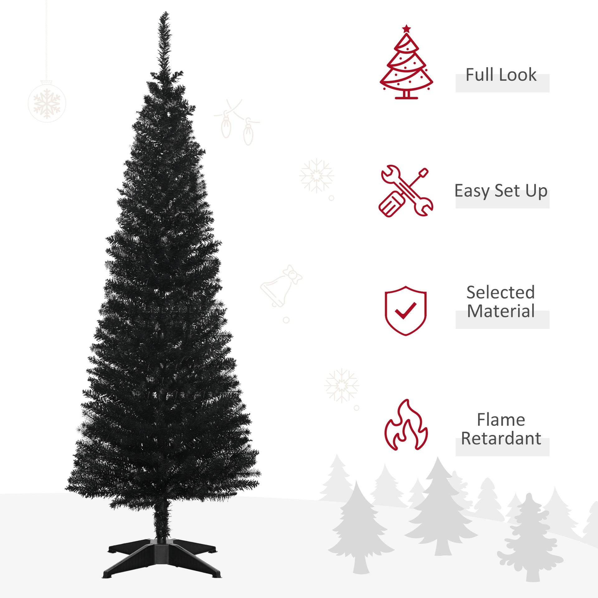 HOMCOM 5' Artificial Pencil Christmas Tree, Slim Xmas Tree with 294 Realistic Branch Tips and Plastic Stand, Black