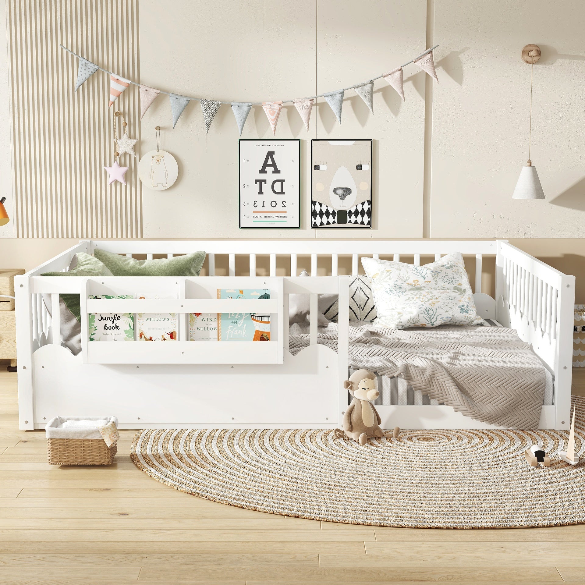Queen Floor bed with Heightened Fence and bookshelf ,Wood Floor Bed for Kids, White.