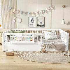 Queen Floor bed with Heightened Fence and bookshelf ,Wood Floor Bed for Kids, White.