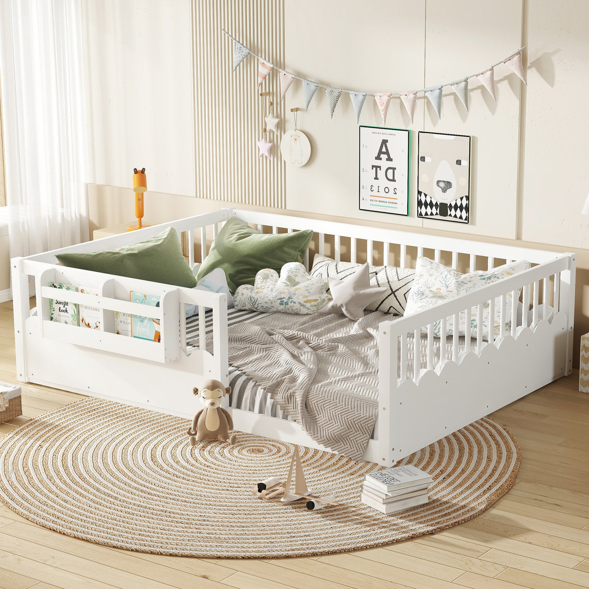 Queen Floor bed with Heightened Fence and bookshelf ,Wood Floor Bed for Kids, White.