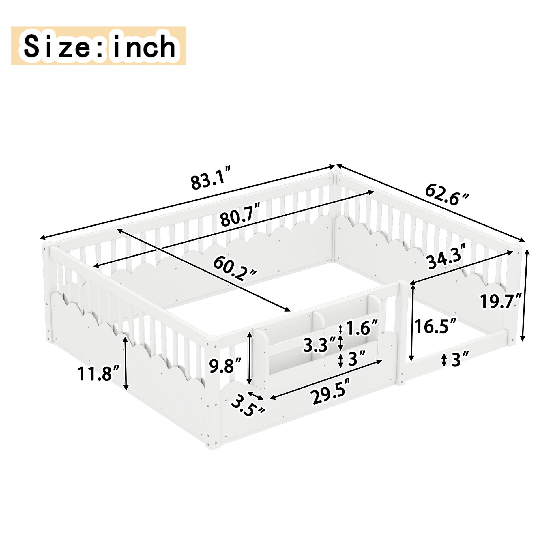 Queen Floor bed with Heightened Fence and bookshelf ,Wood Floor Bed for Kids, White.