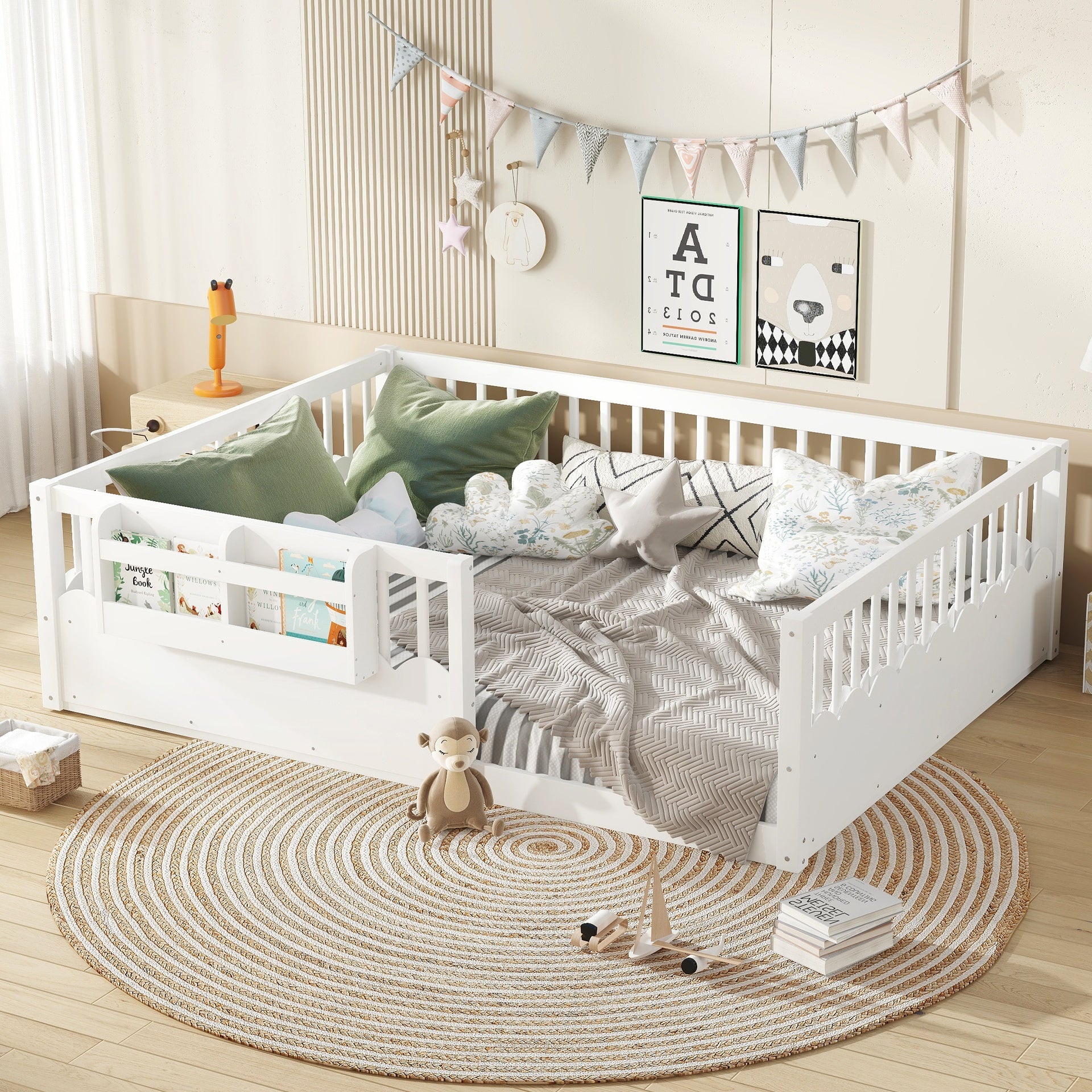 Queen Floor bed with Heightened Fence and bookshelf ,Wood Floor Bed for Kids, White.