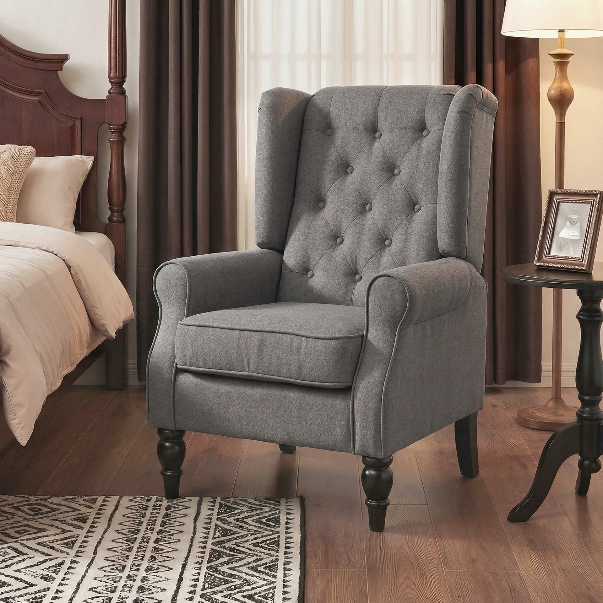 HOMCOM Wingback Accent Chair for Living Room, Button-Tufted Lounge Chair with Round Armrests and Wood Legs, Dark Gray