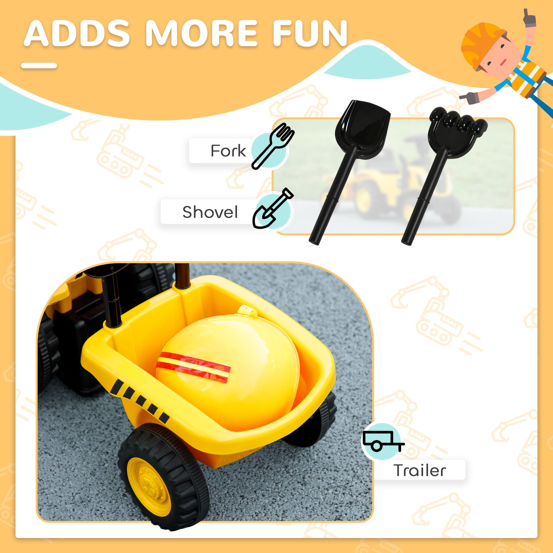 Qaba Caterpillar Licensed Ride-On Construction Toy with Shovel & Trailer, No Power Ride-on Tractor for 18-36 Months