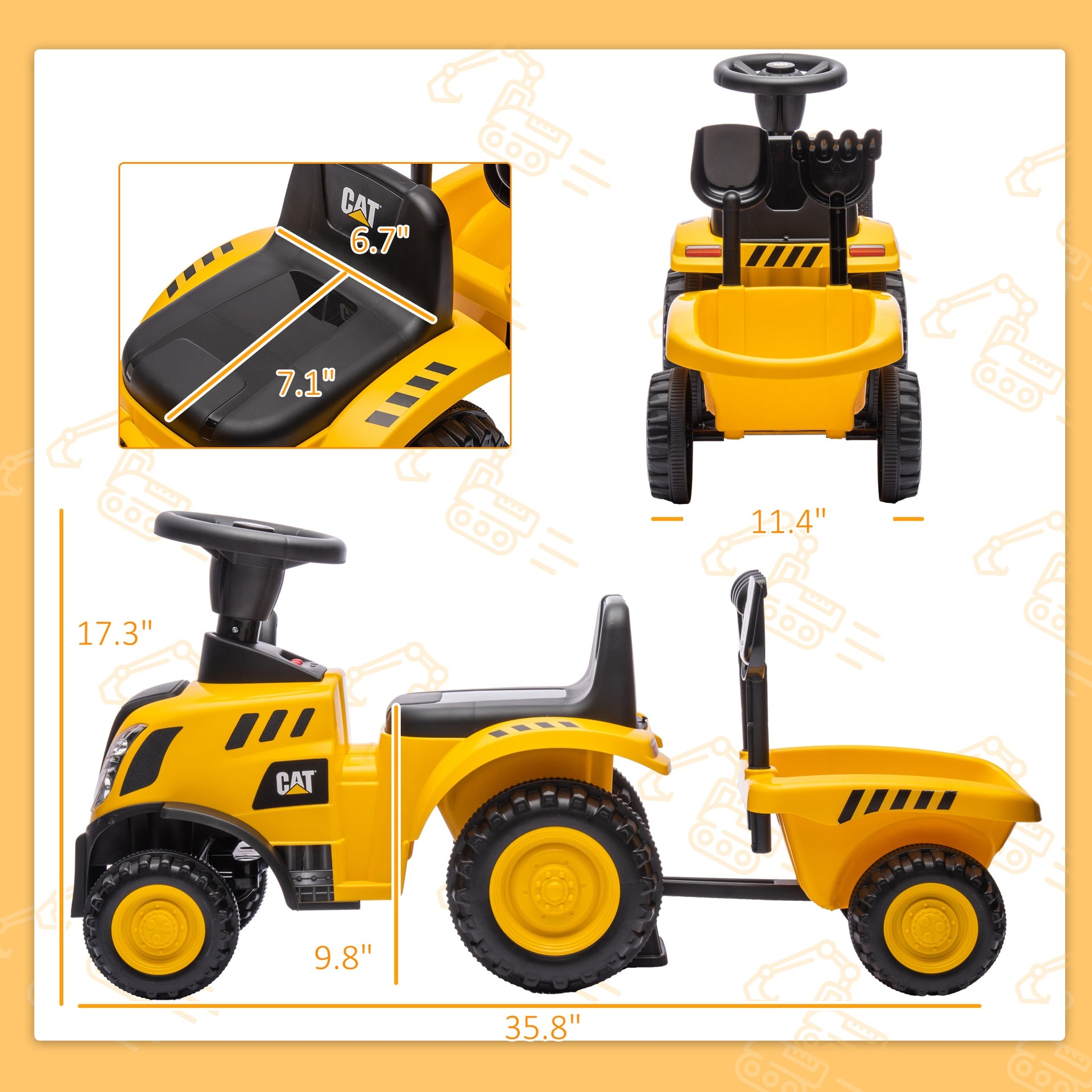 Qaba Caterpillar Licensed Ride-On Construction Toy with Shovel & Trailer, No Power Ride-on Tractor for 18-36 Months