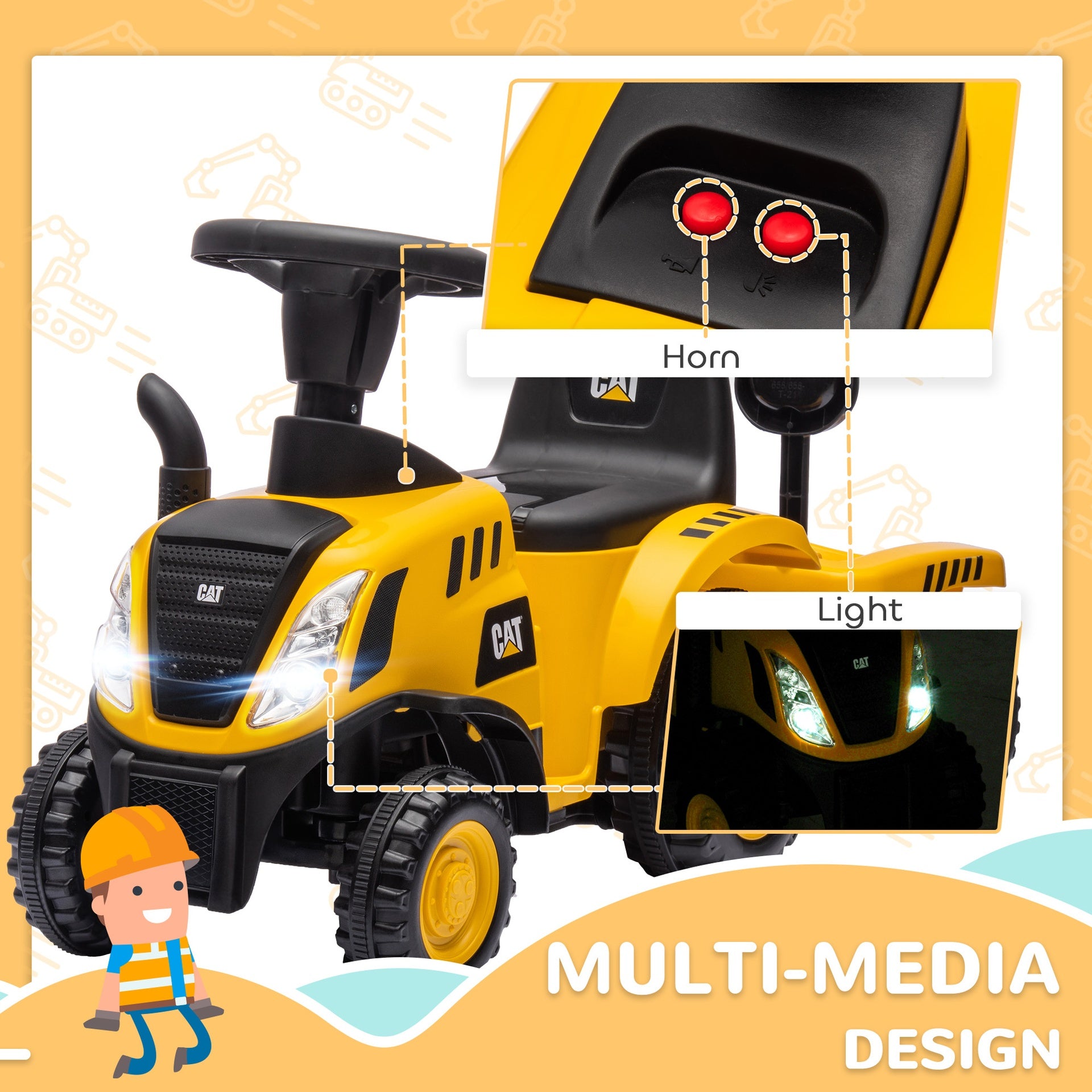 Qaba Caterpillar Licensed Ride-On Construction Toy with Shovel & Trailer, No Power Ride-on Tractor for 18-36 Months