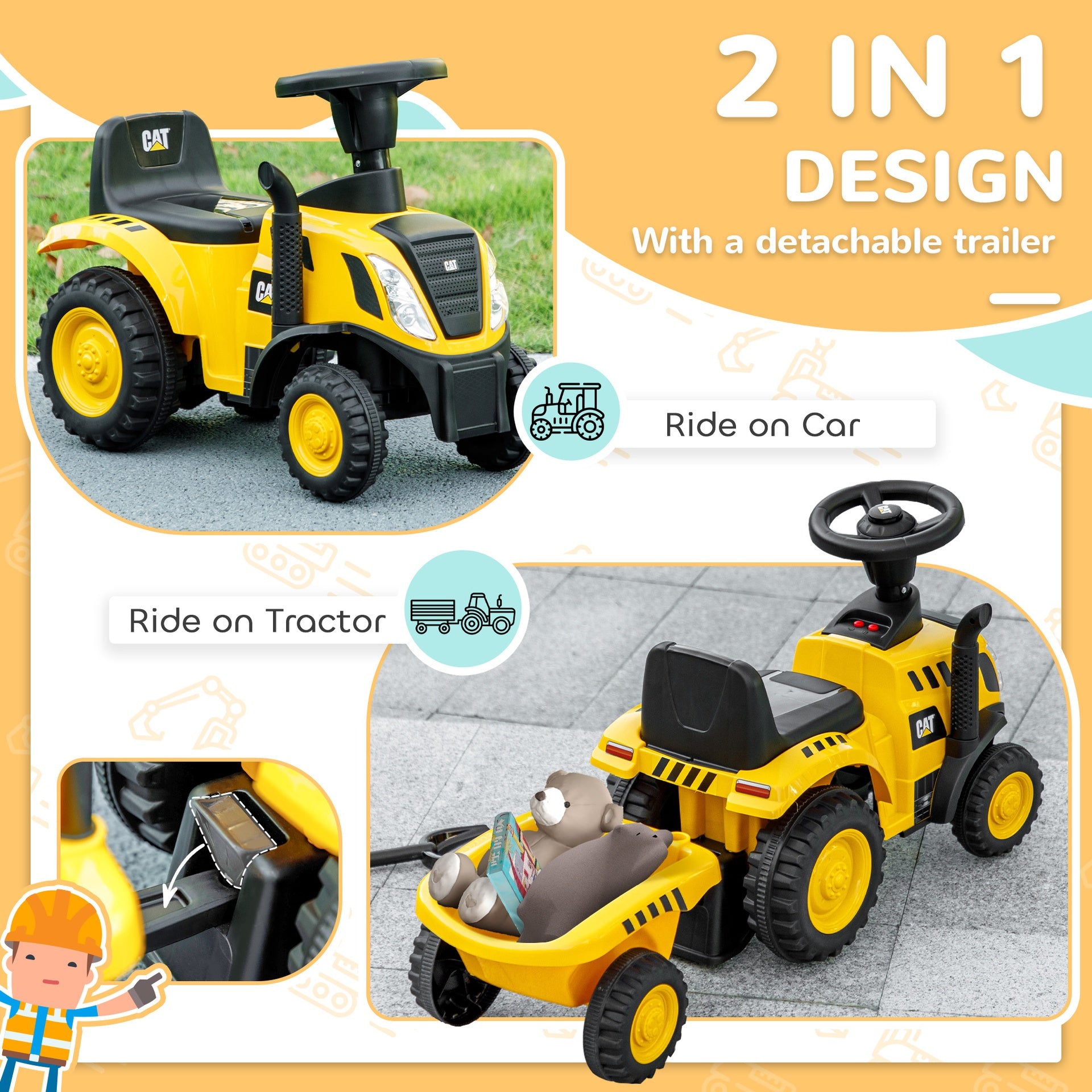 Qaba Caterpillar Licensed Ride-On Construction Toy with Shovel & Trailer, No Power Ride-on Tractor for 18-36 Months