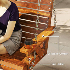 Outsunny 3-Seater Swing Bench, Wooden Porch Swing with Cupholders, Hanging Chains for Patio Garden, Carbonized