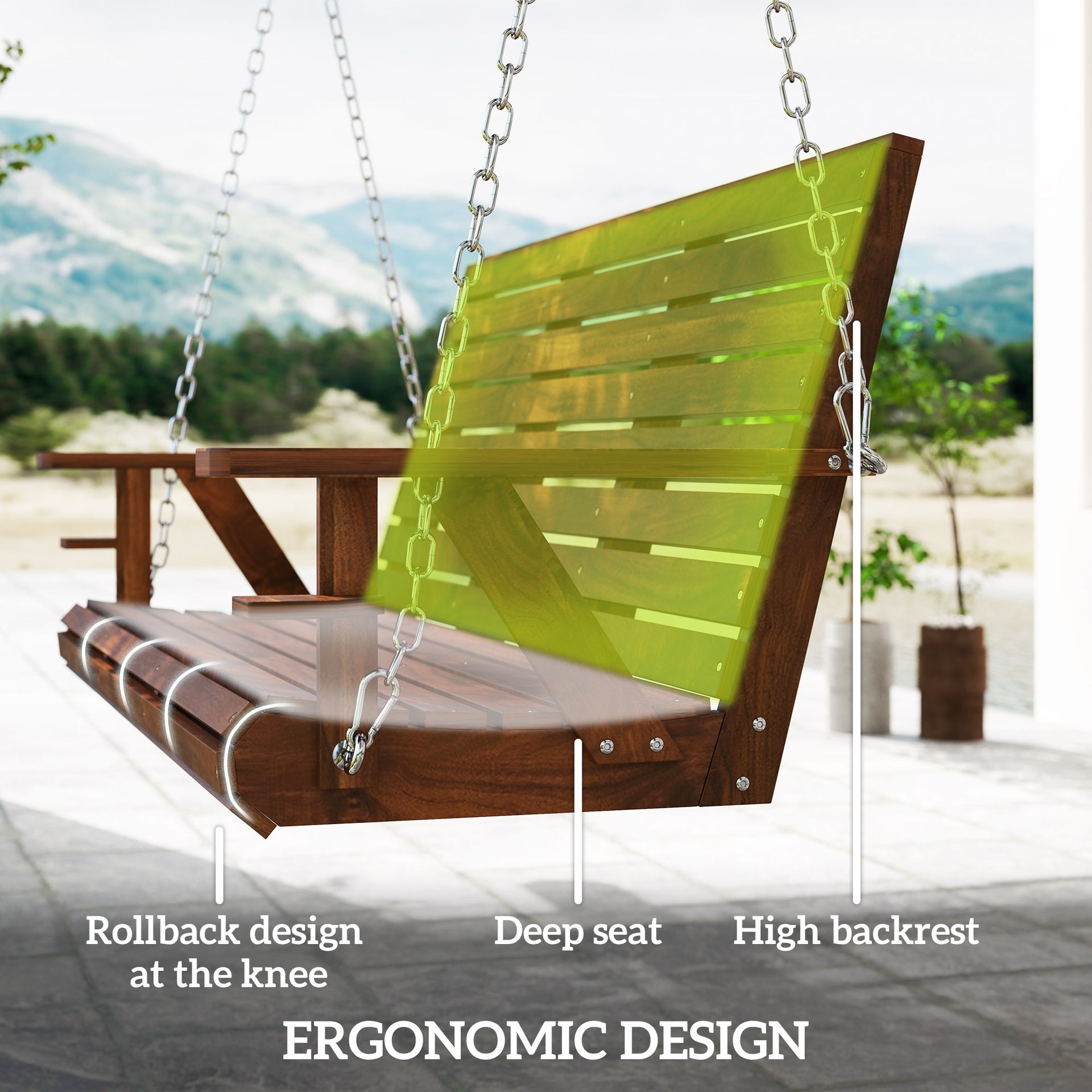 Outsunny 3-Seater Swing Bench, Wooden Porch Swing with Cupholders, Hanging Chains for Patio Garden, Carbonized