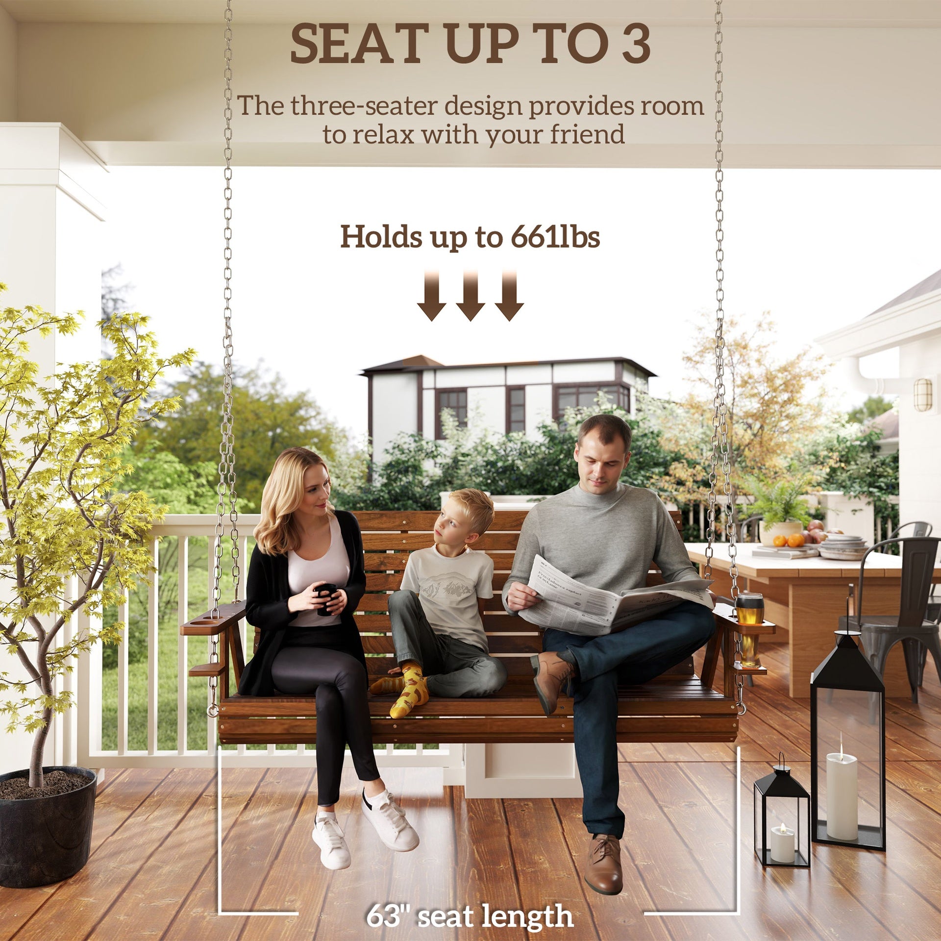 Outsunny 3-Seater Swing Bench, Wooden Porch Swing with Cupholders, Hanging Chains for Patio Garden, Carbonized