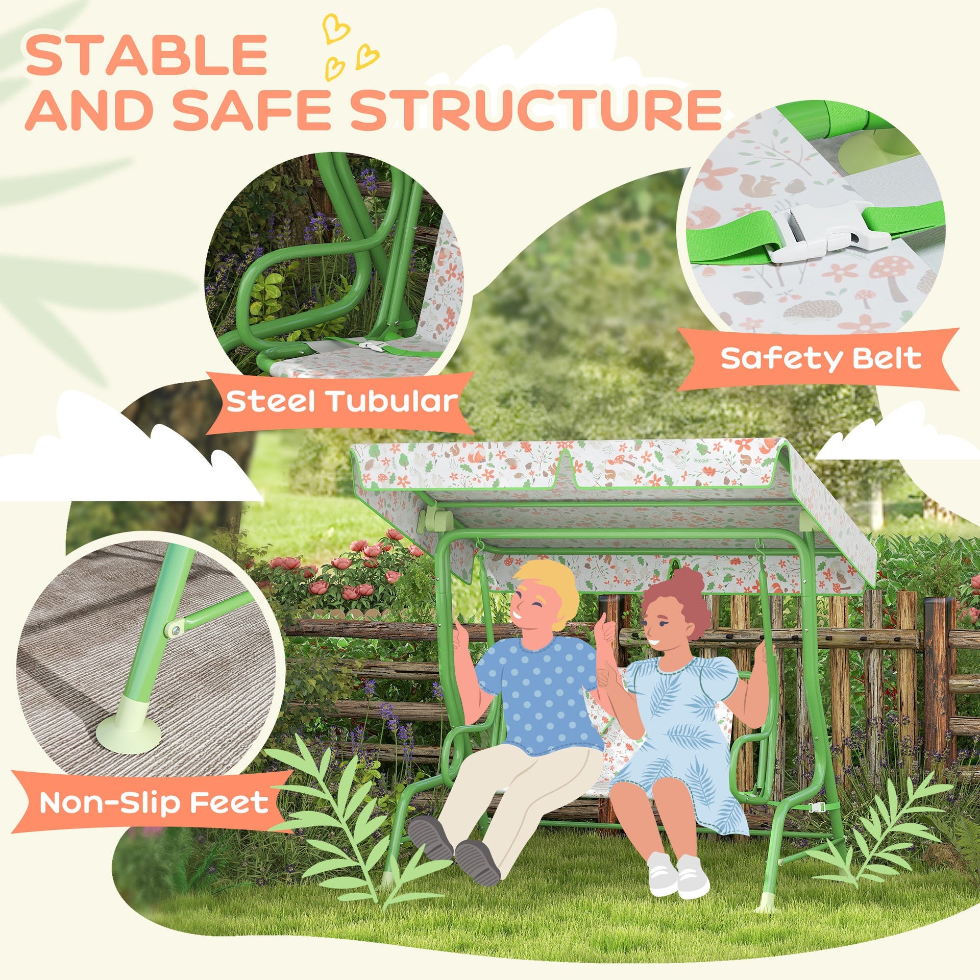 Qaba Kids Patio Swing Chair with Adjustable Canopy, Safety Belt for Patio, Garden, Poolside, Balcony, Green
