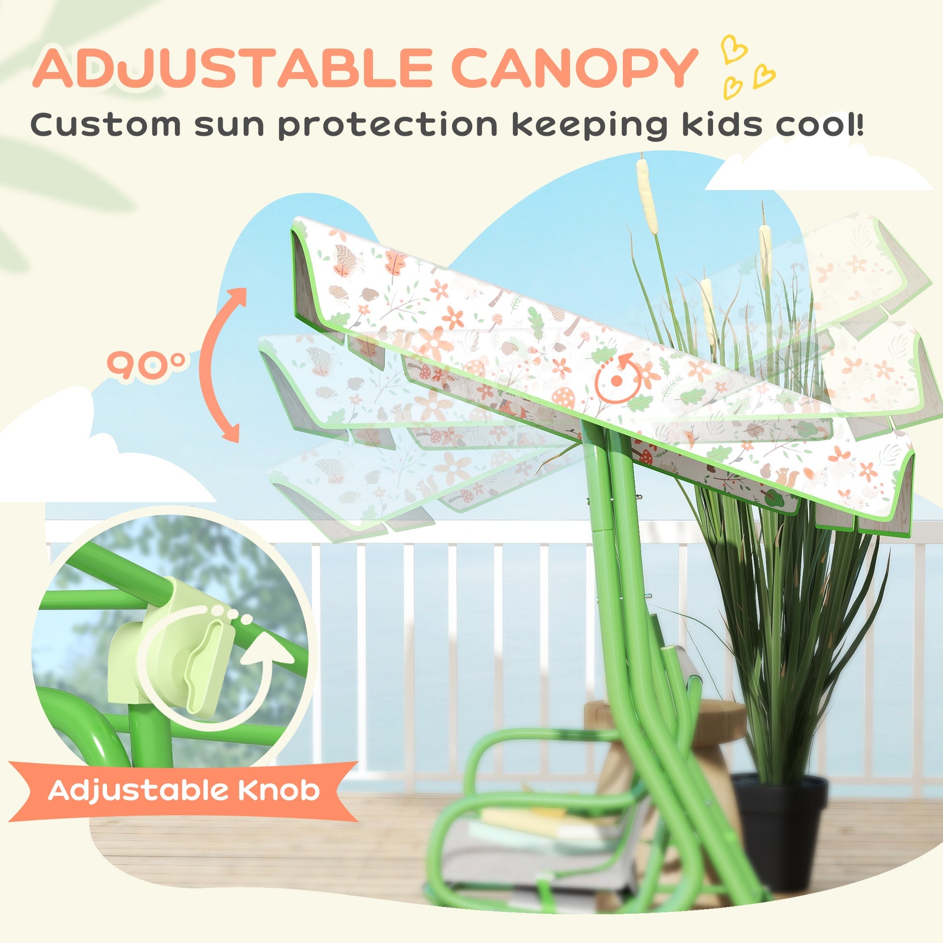Qaba Kids Patio Swing Chair with Adjustable Canopy, Safety Belt for Patio, Garden, Poolside, Balcony, Green