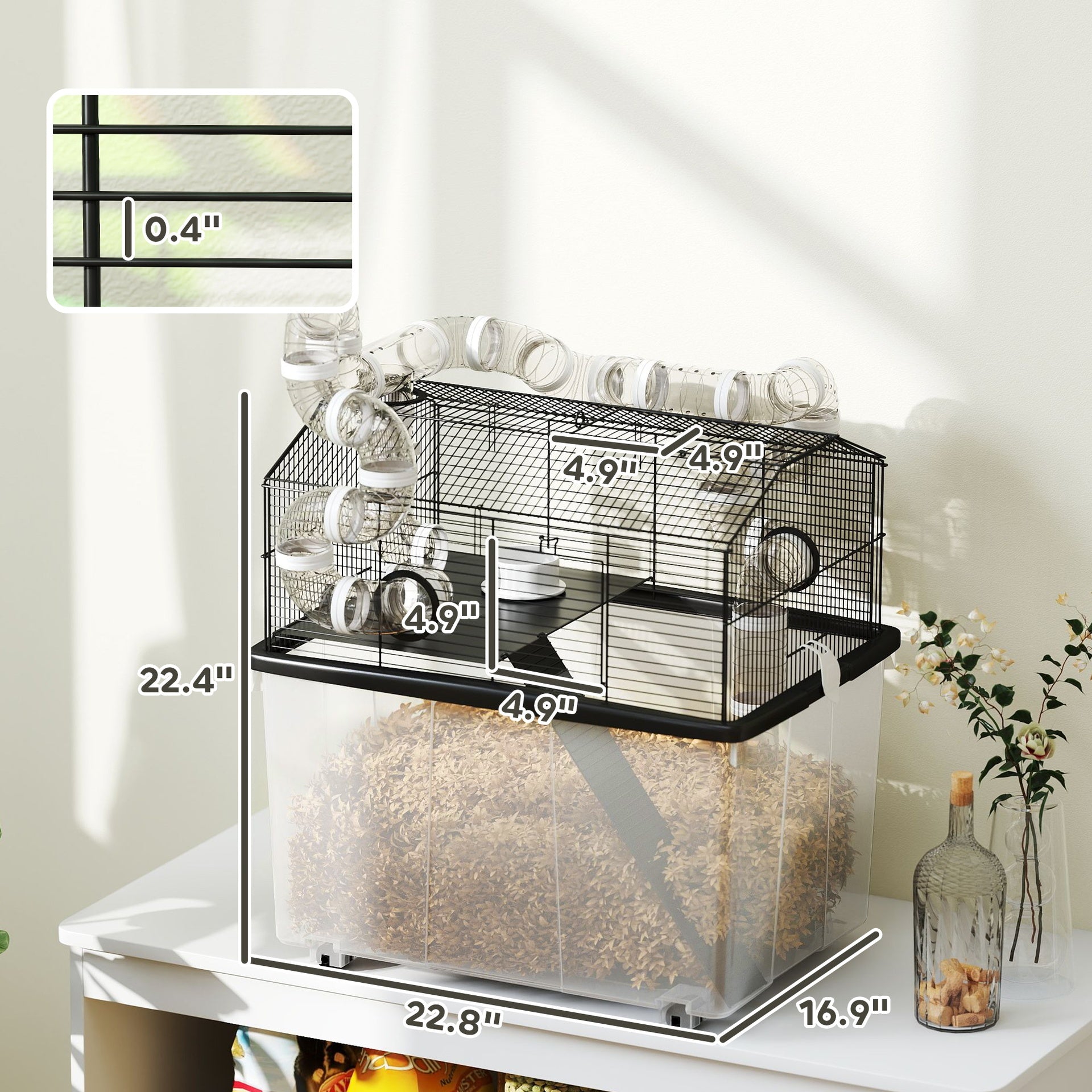 PawHut 2 Tier Hamster Cage with 12" Deep Tray, Tube System, Water Bottle, Ramp, Feeding Bowl, 23" x 17" x 22", Black