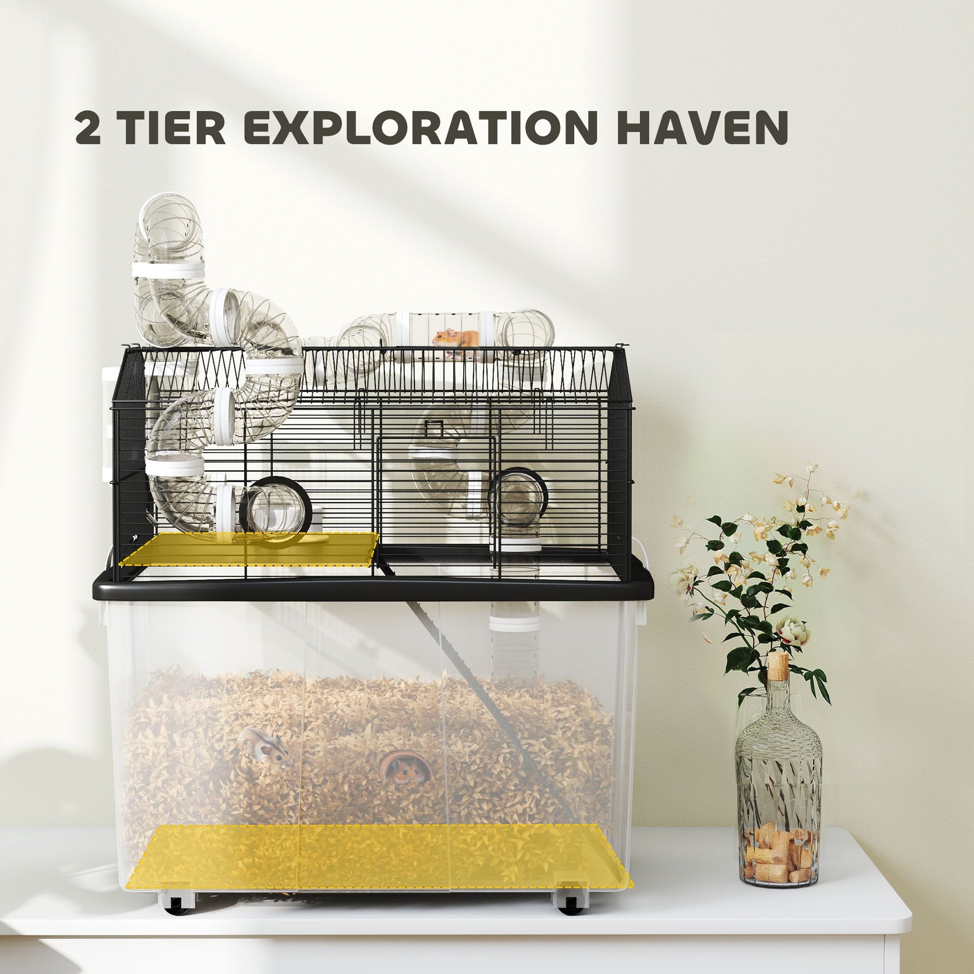 PawHut 2 Tier Hamster Cage with 12" Deep Tray, Tube System, Water Bottle, Ramp, Feeding Bowl, 23" x 17" x 22", Black