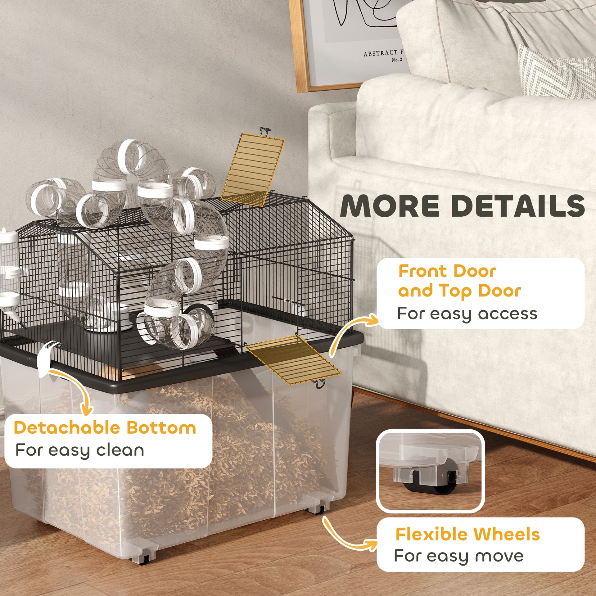 PawHut 2 Tier Hamster Cage with 12" Deep Tray, Tube System, Water Bottle, Ramp, Feeding Bowl, 23" x 17" x 22", Black