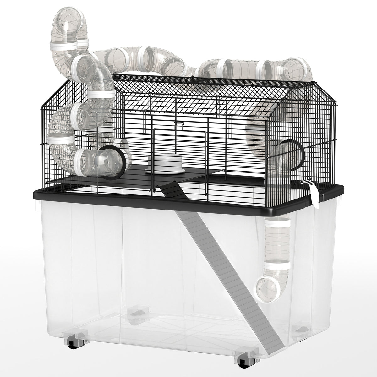PawHut 2 Tier Hamster Cage with 12" Deep Tray, Tube System, Water Bottle, Ramp, Feeding Bowl, 23" x 17" x 22", Black