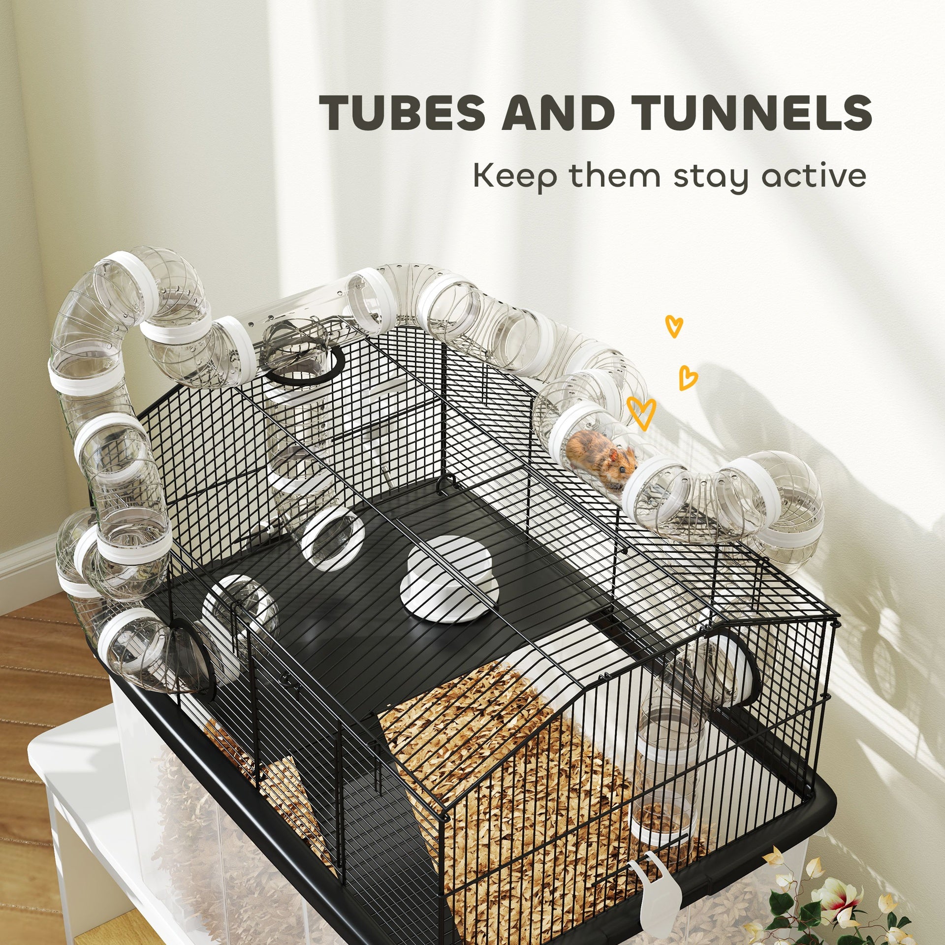 PawHut 2 Tier Hamster Cage with 12" Deep Tray, Tube System, Water Bottle, Ramp, Feeding Bowl, 23" x 17" x 22", Black