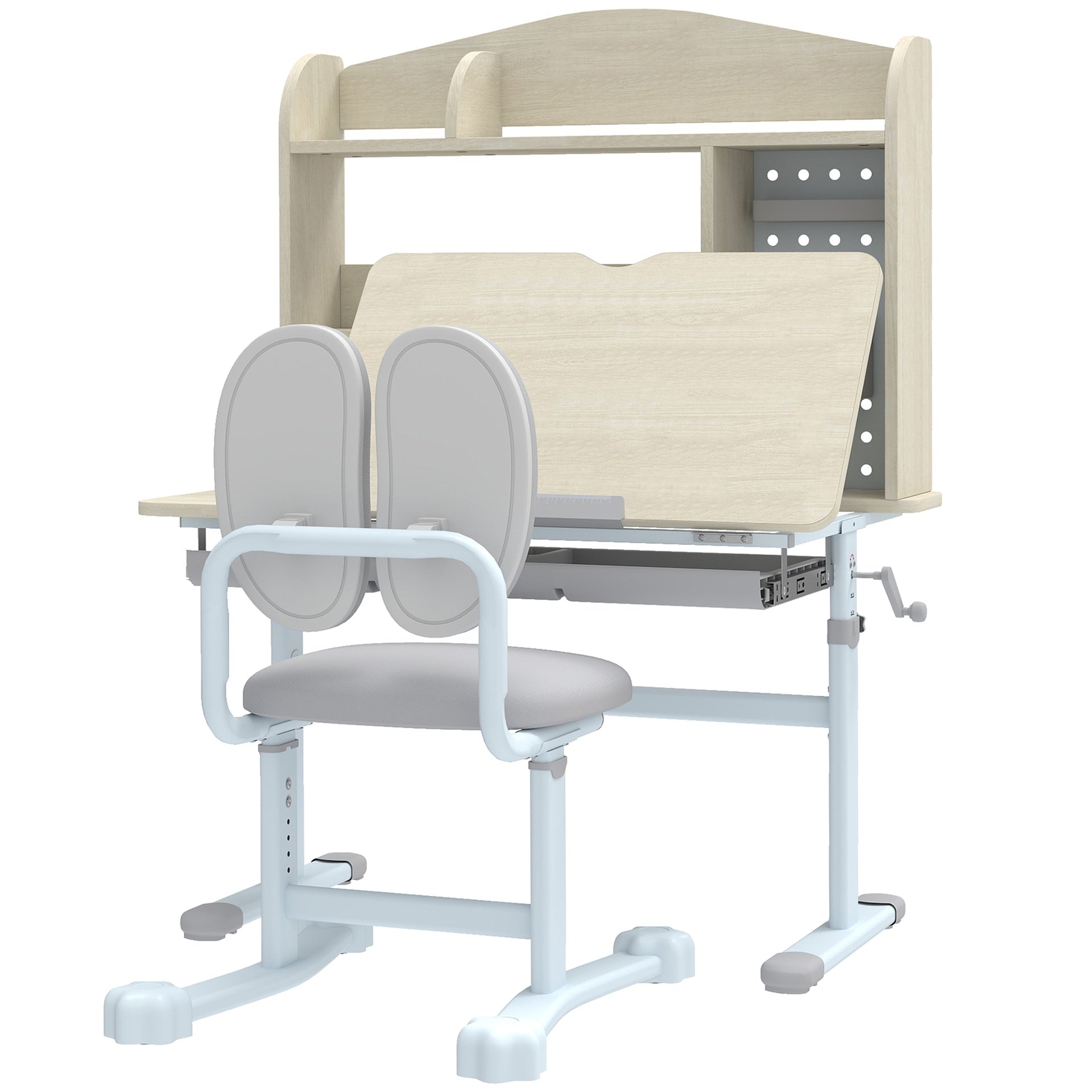 Qaba Kids Study Desk and Chair Set with Adjustable Height, Tiltable Desktop, Hutch and Drawer for Ages 3-12, Gray