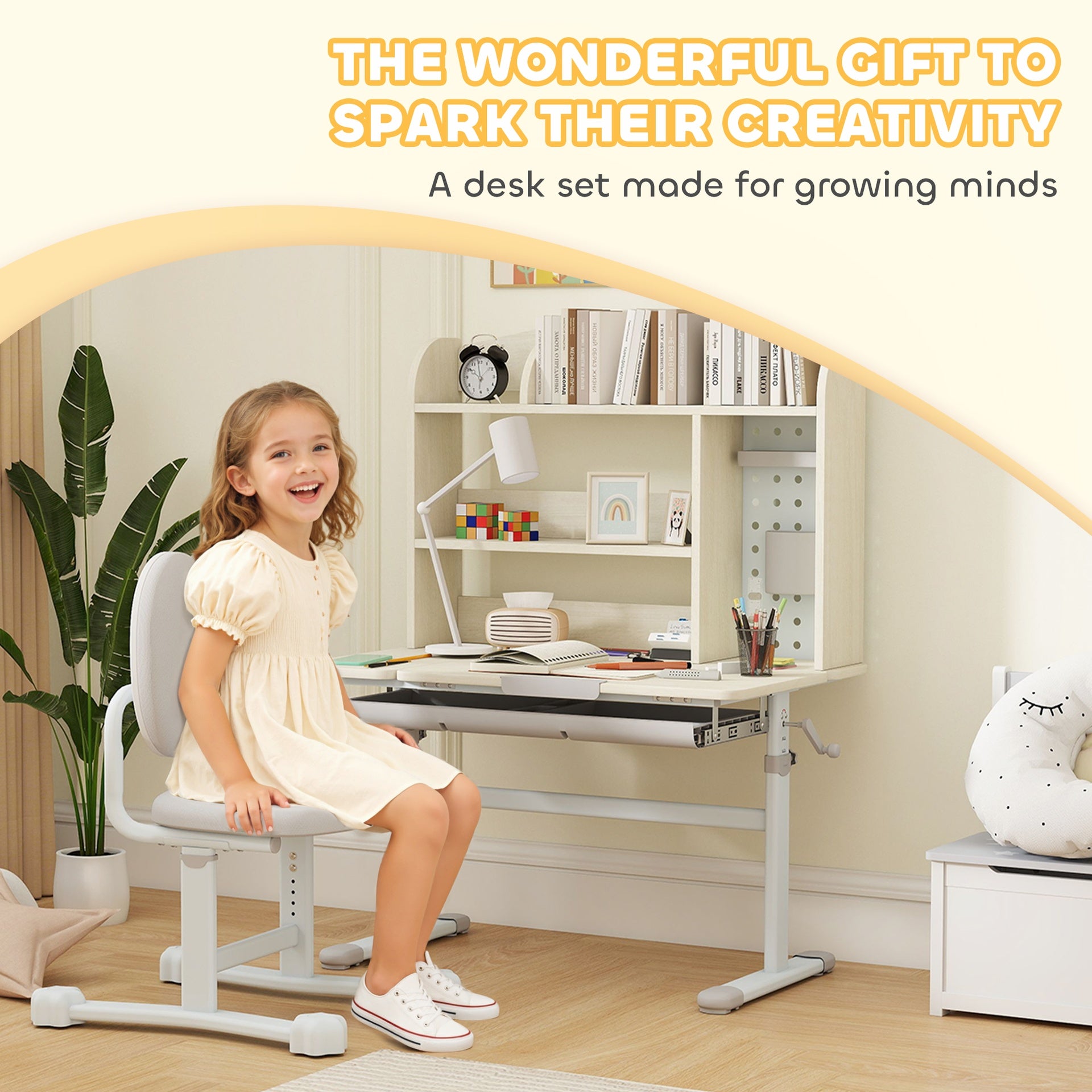 Qaba Kids Study Desk and Chair Set with Adjustable Height, Tiltable Desktop, Hutch and Drawer for Ages 3-12, Gray