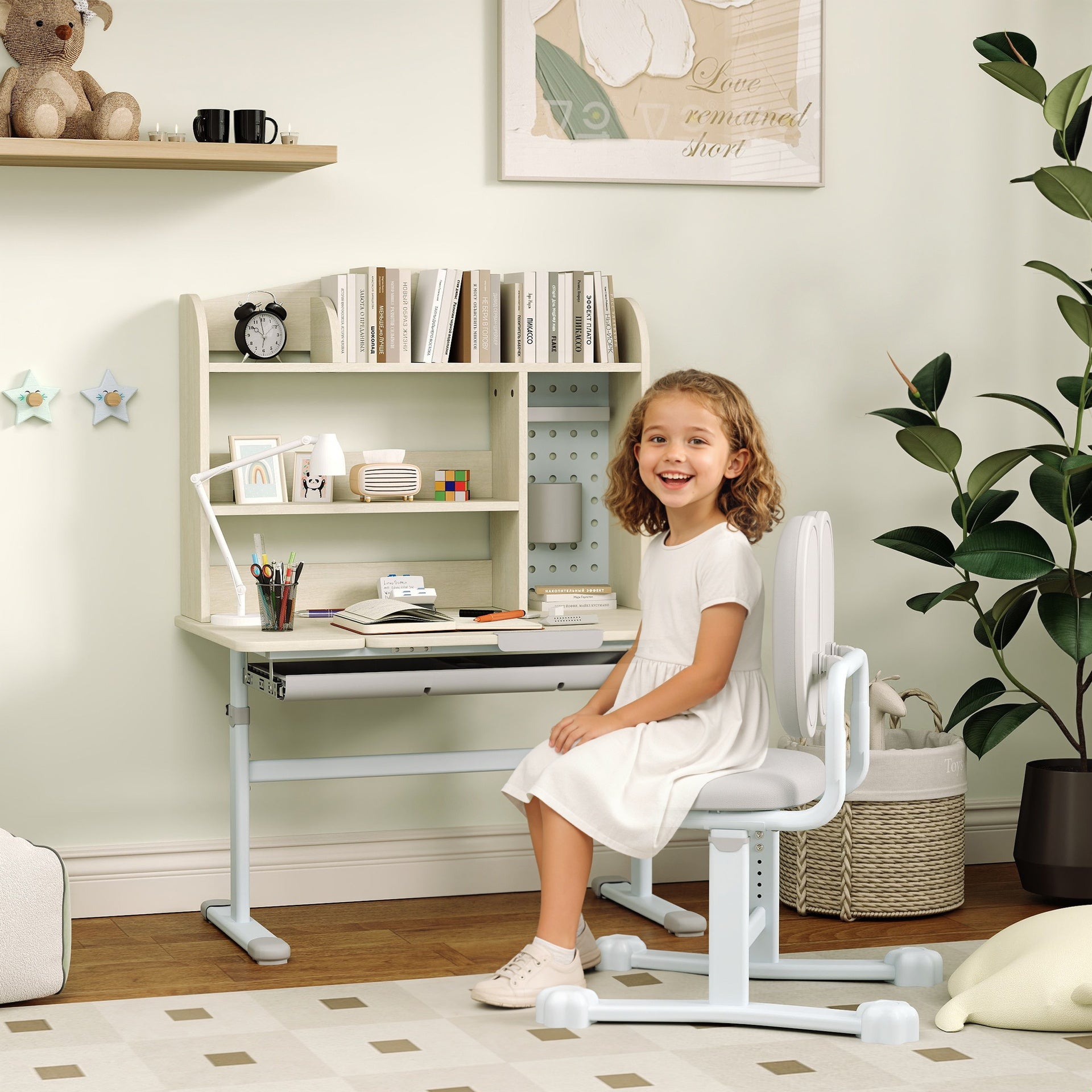 Qaba Kids Study Desk and Chair Set with Adjustable Height, Tiltable Desktop, Hutch and Drawer for Ages 3-12, Gray