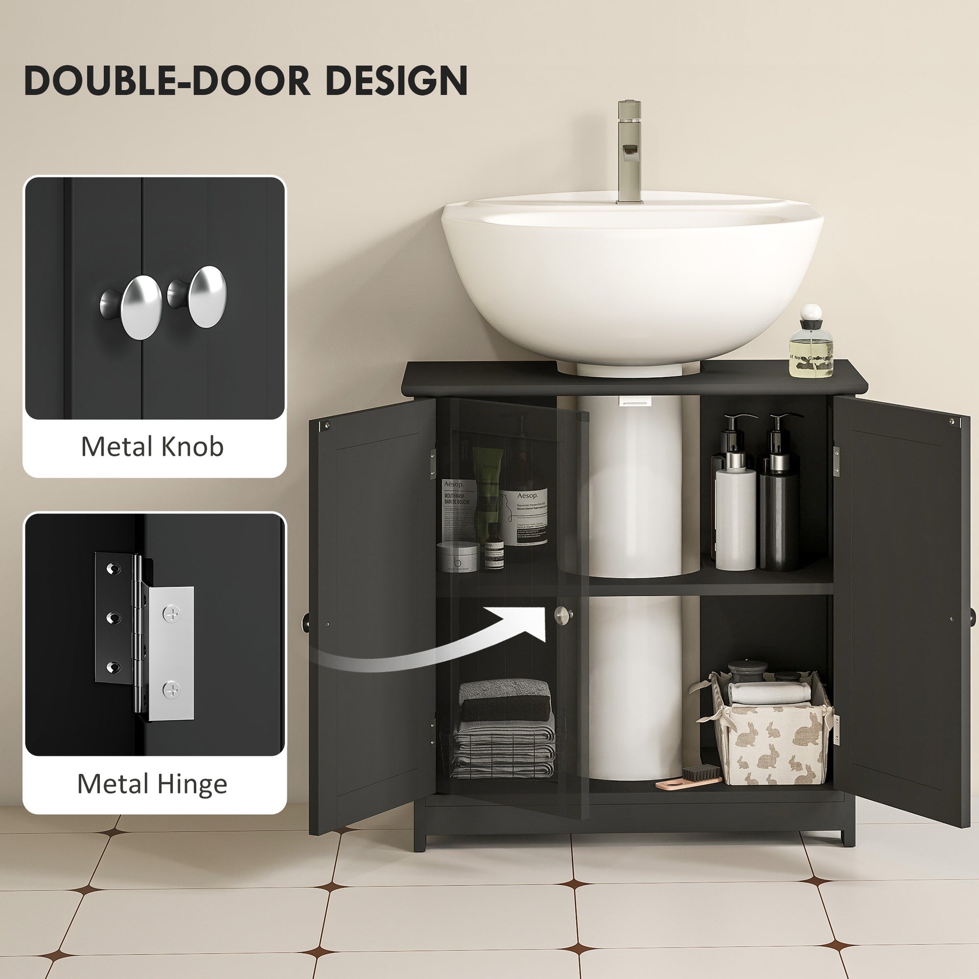 kleankin Pedestal Sink Storage Cabinet, Bathroom Sink Cabinet with U-Shape Cut-Out and Adjustable Shelf, Black