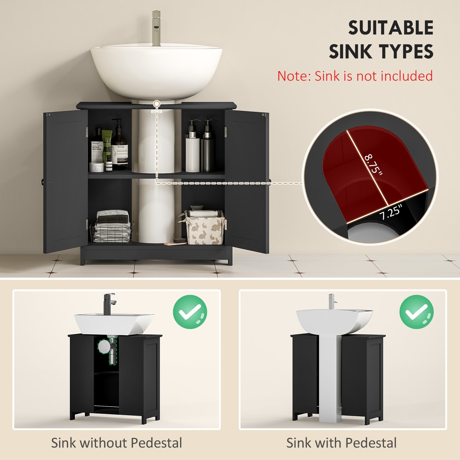 kleankin Pedestal Sink Storage Cabinet, Bathroom Sink Cabinet with U-Shape Cut-Out and Adjustable Shelf, Black